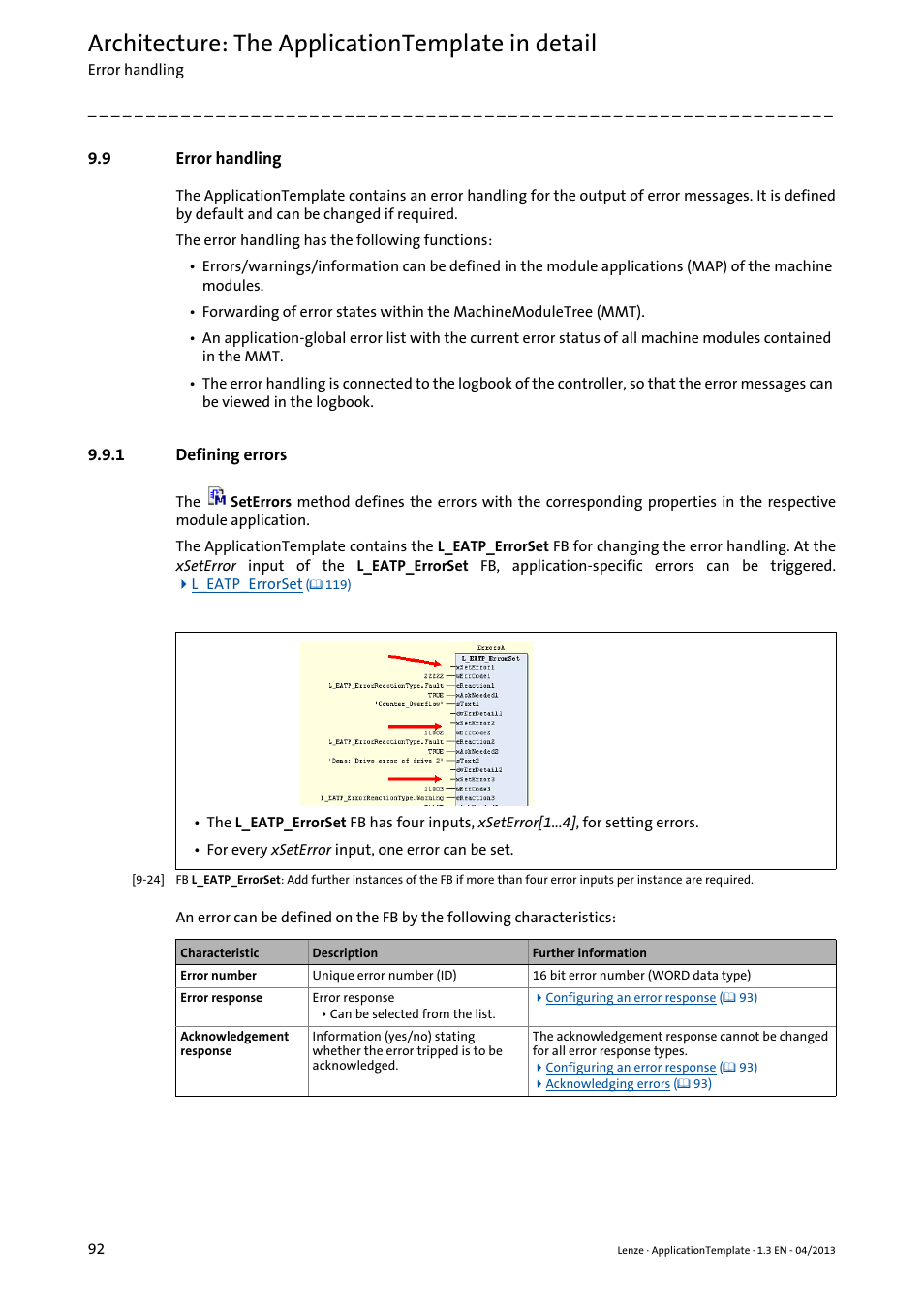 9 error handling, 1 defining errors, Error handling | Defining errors, Message, Architecture: the applicationtemplate in detail | Lenze PLC Designer ApplicationTemplate (PLC Designer R3-x) User Manual | Page 92 / 177