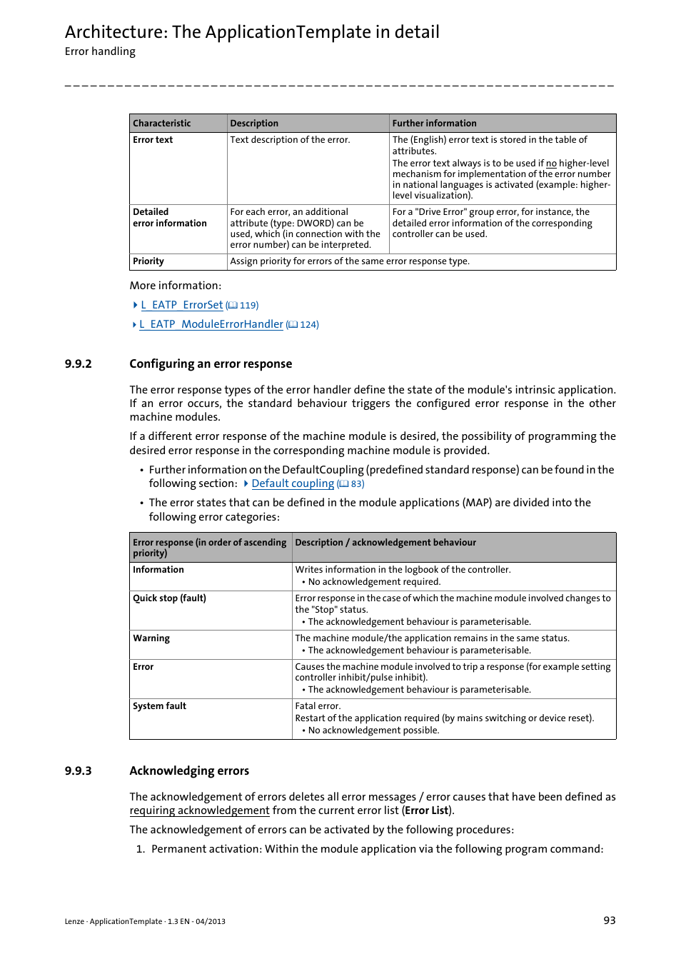 2 configuring an error response, 3 acknowledging errors, Configuring an error response | Acknowledging errors, Configuring an error response ( 93), Acknowledging errors ( 93), Architecture: the applicationtemplate in detail | Lenze PLC Designer ApplicationTemplate (PLC Designer R3-x) User Manual | Page 93 / 177