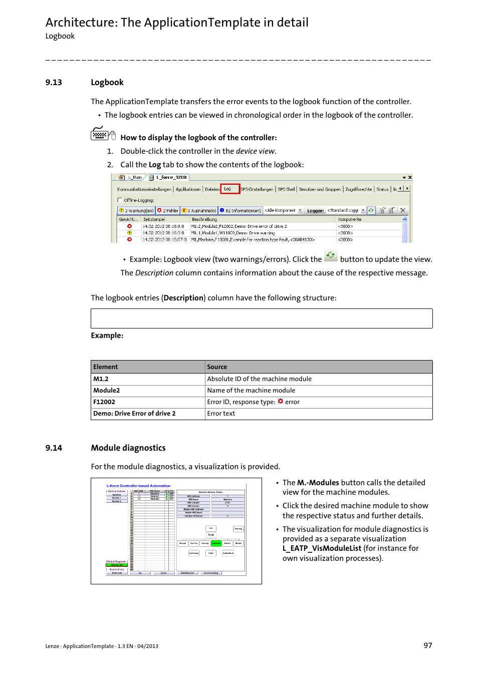 13 logbook, 14 module diagnostics, Architecture: the applicationtemplate in detail | Lenze PLC Designer ApplicationTemplate (PLC Designer R3-x) User Manual | Page 97 / 177