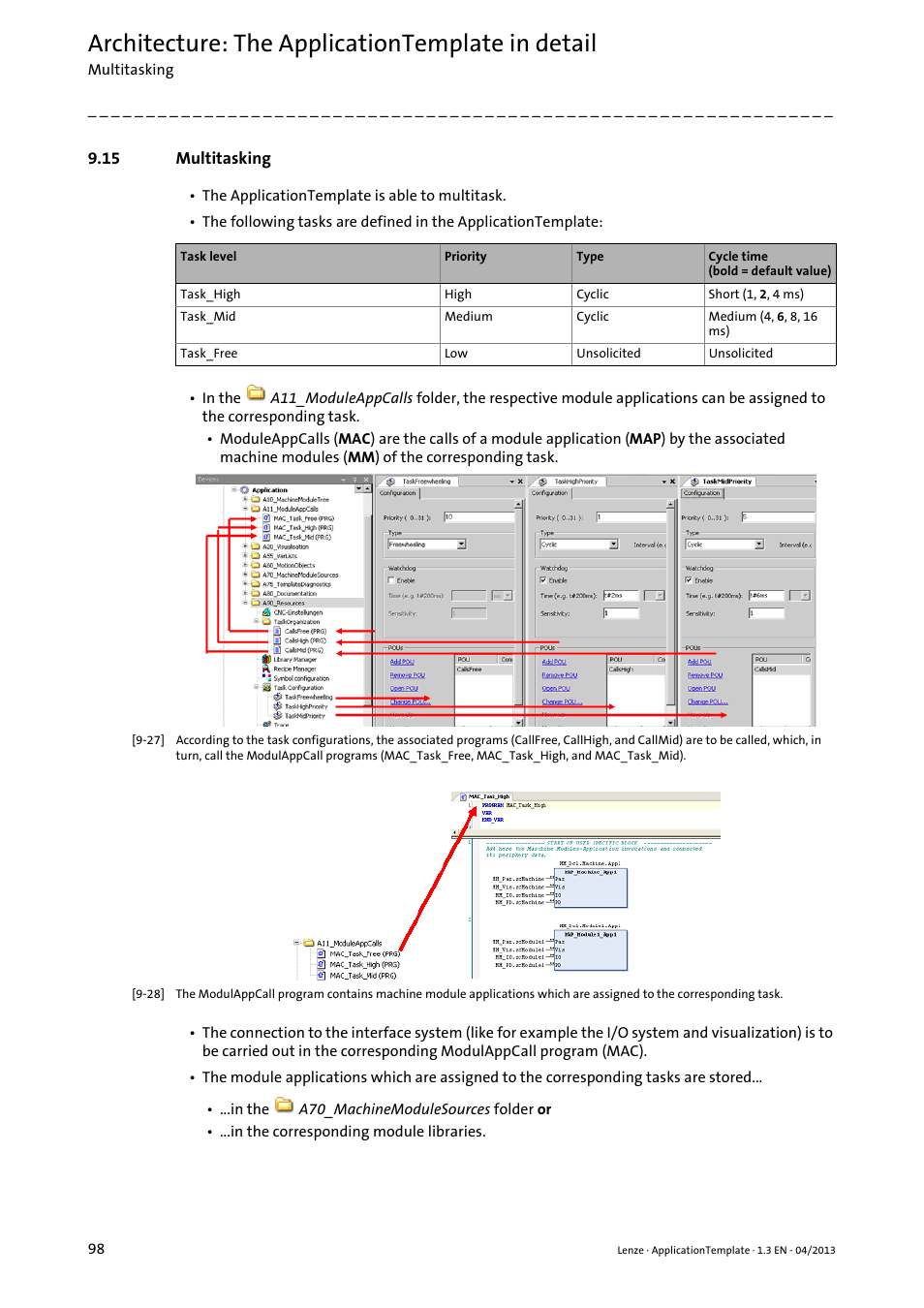 15 multitasking, Multitasking, Architecture: the applicationtemplate in detail | Lenze PLC Designer ApplicationTemplate (PLC Designer R3-x) User Manual | Page 98 / 177