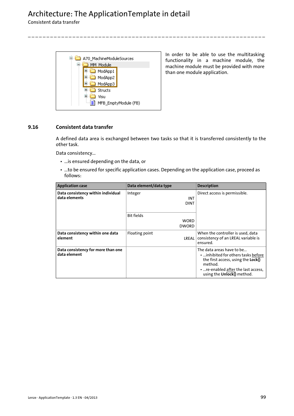 16 consistent data transfer, Consistent data transfer, Architecture: the applicationtemplate in detail | Lenze PLC Designer ApplicationTemplate (PLC Designer R3-x) User Manual | Page 99 / 177