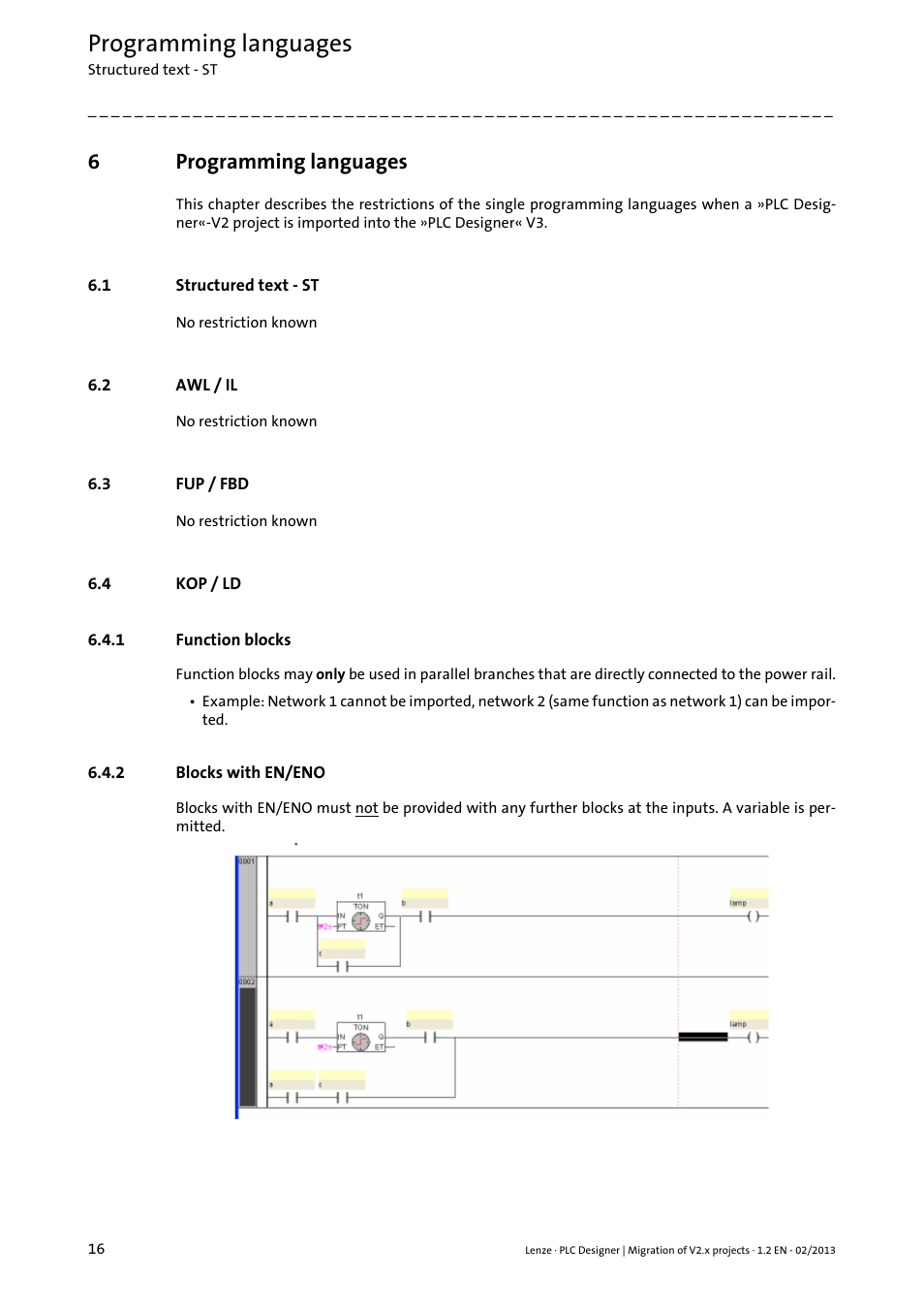 6 programming languages, 1 structured text - st, 2 awl / il | 3 fup / fbd, 4 kop / ld, 1 function blocks, 2 blocks with en/eno, Programming languages, Structured text - st, Awl / il | Lenze PLC Designer Migration PLC Designer (R2-x)-PLC Designer (R3-x) User Manual | Page 16 / 30