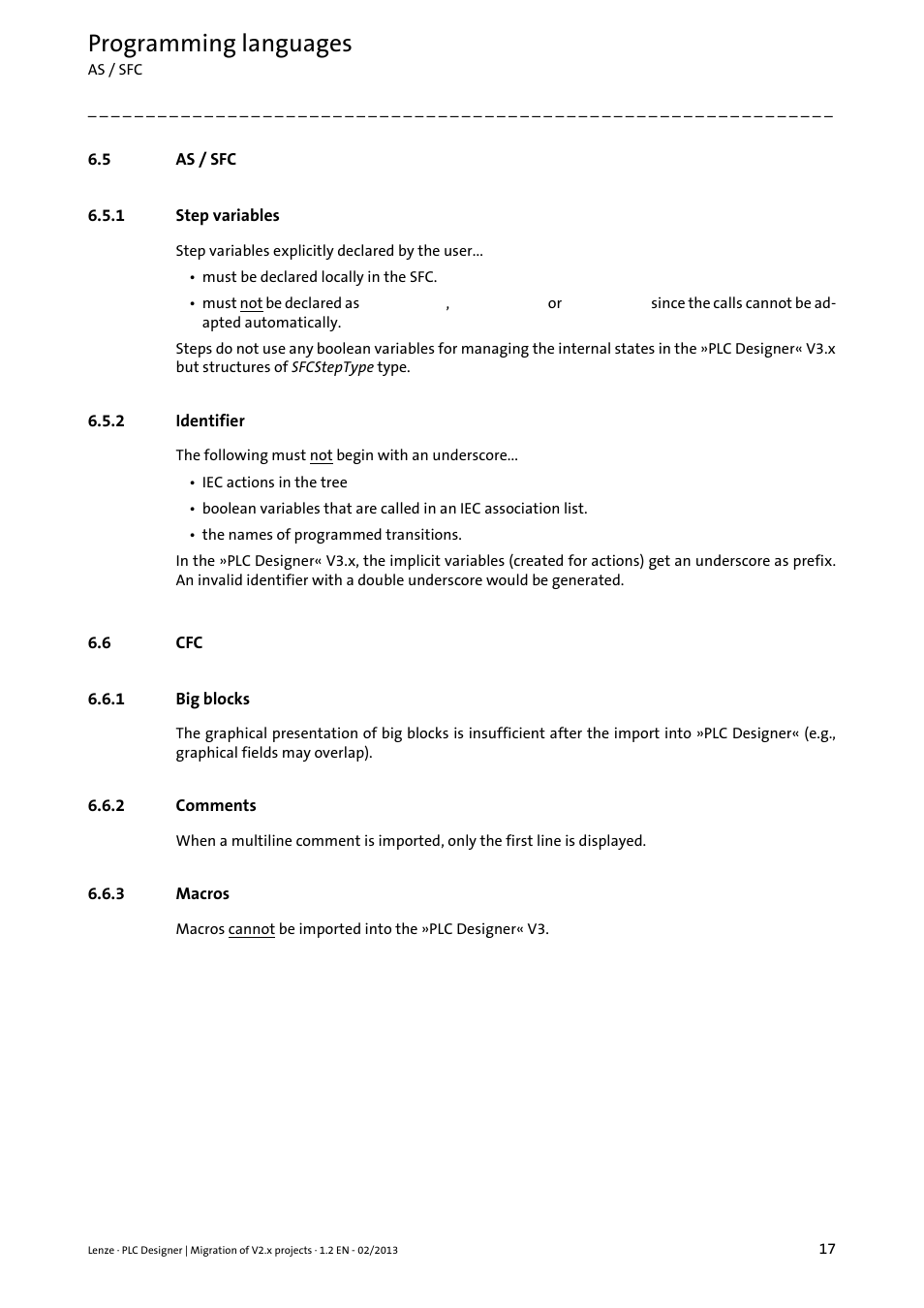 5 as / sfc, 1 step variables, 2 identifier | 6 cfc, 1 big blocks, 2 comments, 3 macros, As / sfc, Step variables, Identifier | Lenze PLC Designer Migration PLC Designer (R2-x)-PLC Designer (R3-x) User Manual | Page 17 / 30