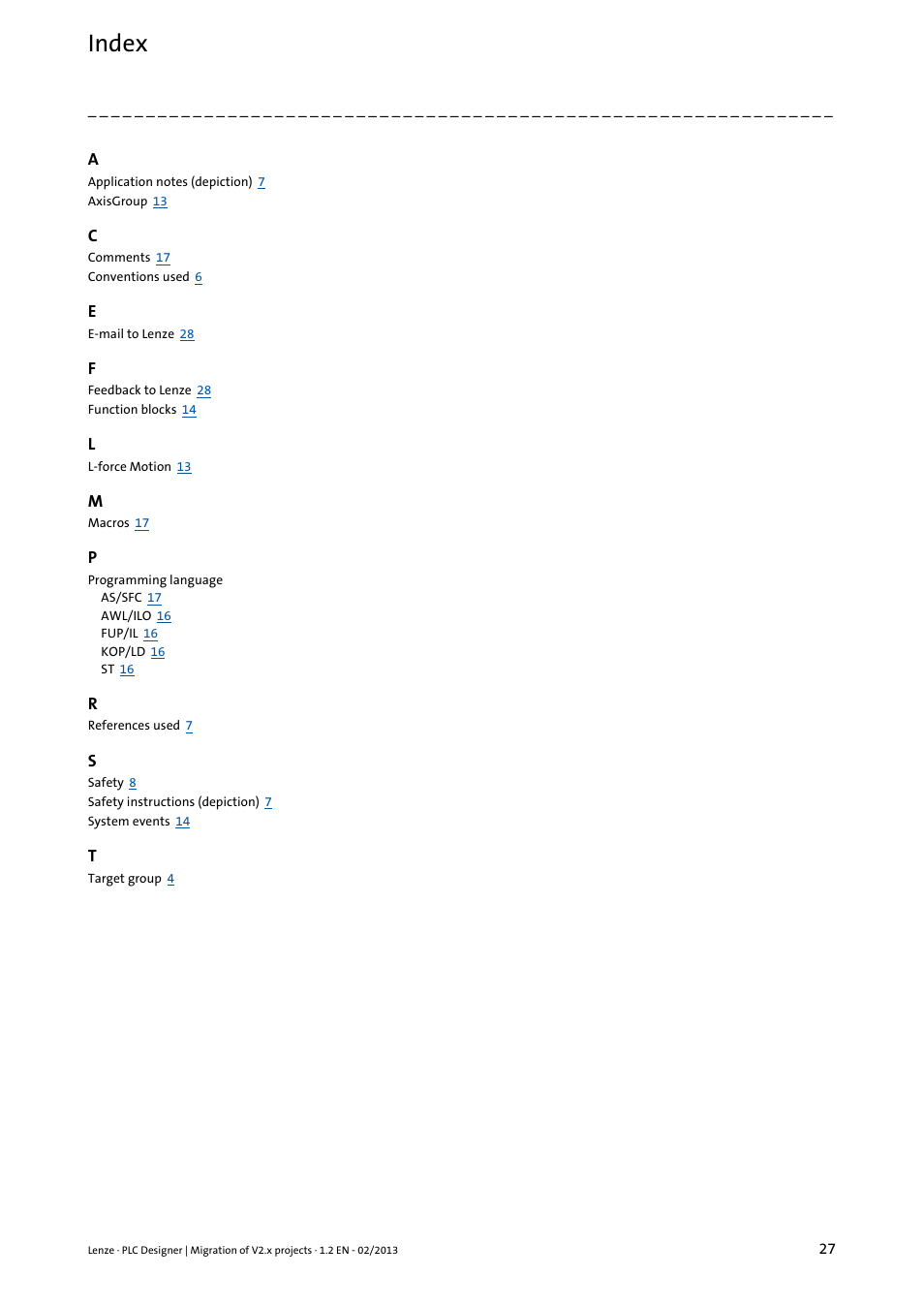 Index | Lenze PLC Designer Migration PLC Designer (R2-x)-PLC Designer (R3-x) User Manual | Page 27 / 30