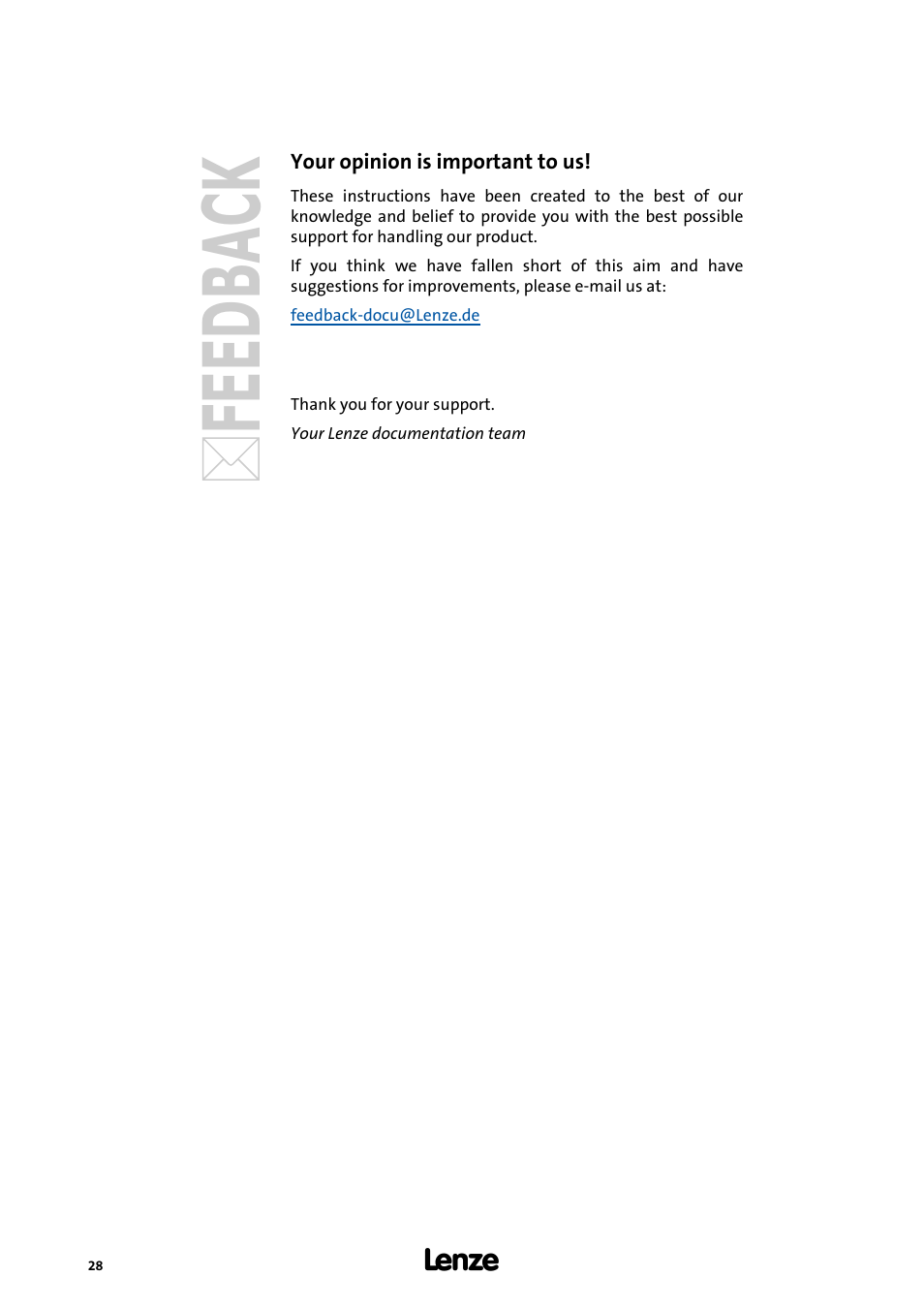 Your opinion is important to us | Lenze PLC Designer Migration PLC Designer (R2-x)-PLC Designer (R3-x) User Manual | Page 28 / 30