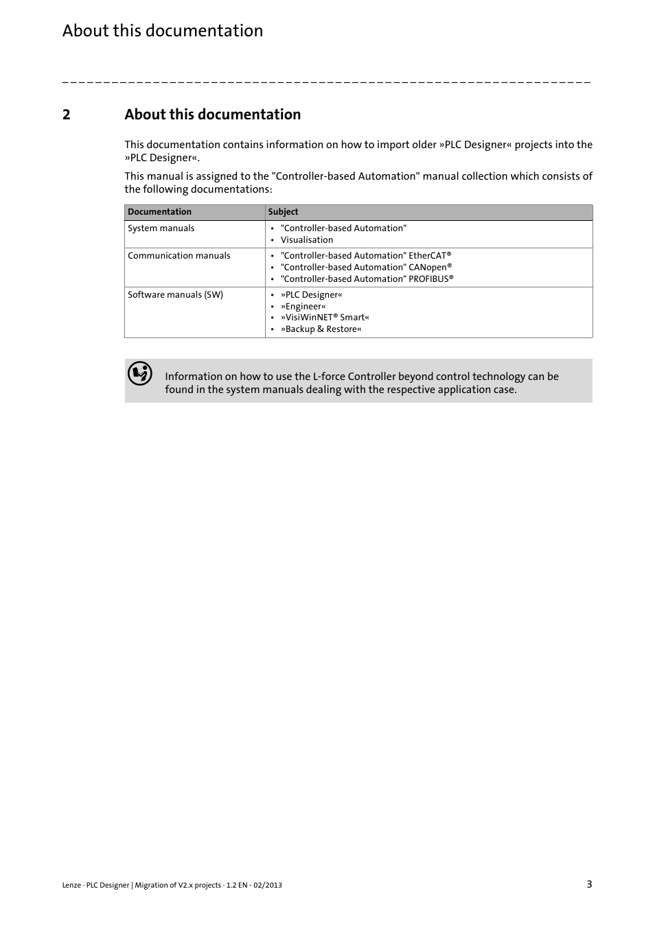 2 about this documentation, About this documentation, 2about this documentation | Lenze PLC Designer Migration PLC Designer (R2-x)-PLC Designer (R3-x) User Manual | Page 3 / 30