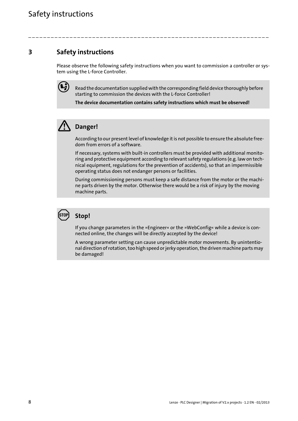3 safety instructions, Safety instructions | Lenze PLC Designer Migration PLC Designer (R2-x)-PLC Designer (R3-x) User Manual | Page 8 / 30