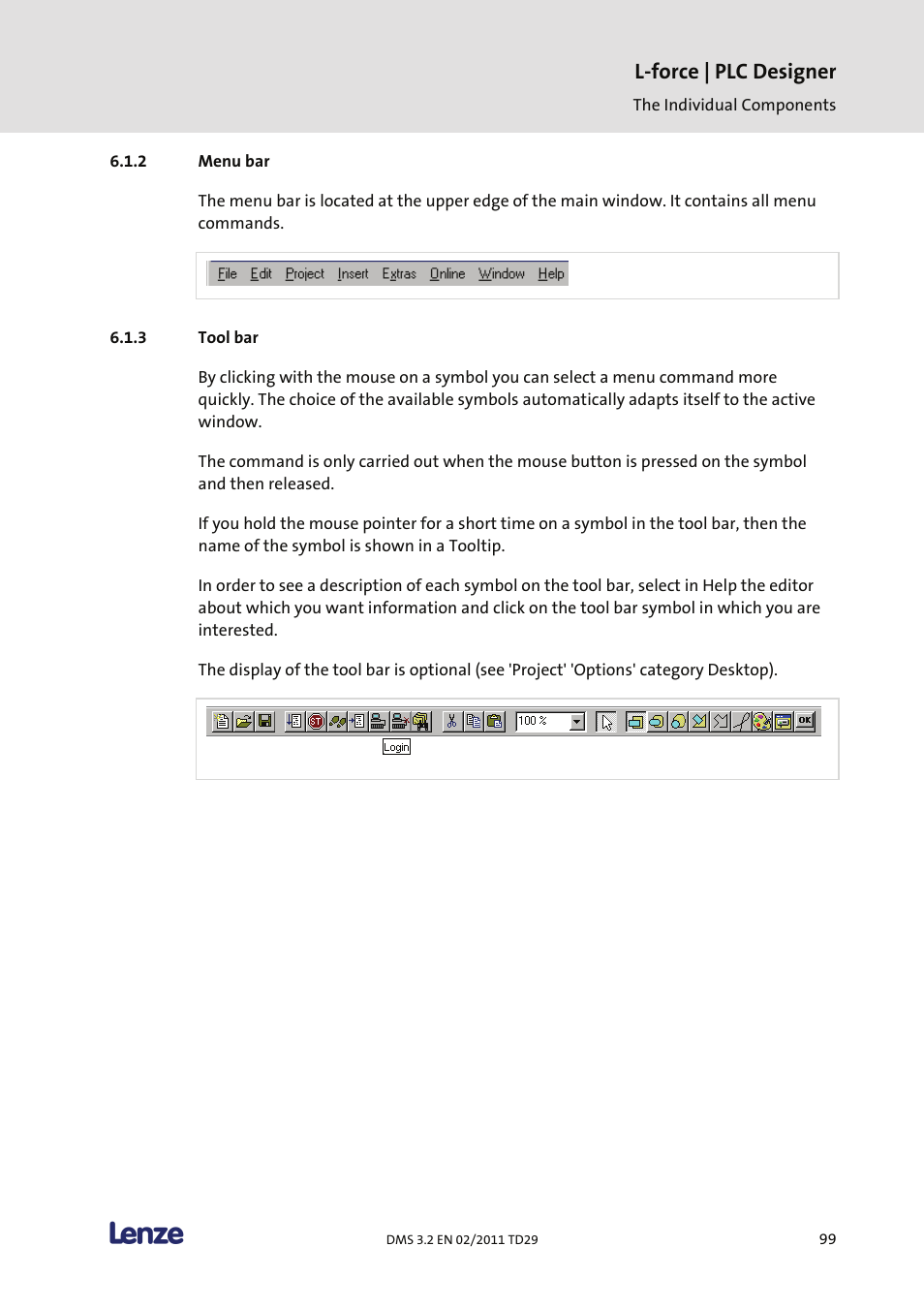 Menu bar, Tool bar, L-force | plc designer | Lenze PLC Designer PLC Designer (R2-x) User Manual | Page 101 / 844