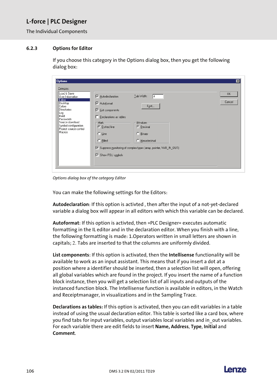 Options for editor, L-force | plc designer | Lenze PLC Designer PLC Designer (R2-x) User Manual | Page 108 / 844