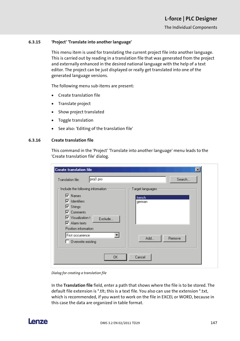 Project' 'translate into another language, Create translation file, L-force | plc designer | Lenze PLC Designer PLC Designer (R2-x) User Manual | Page 149 / 844