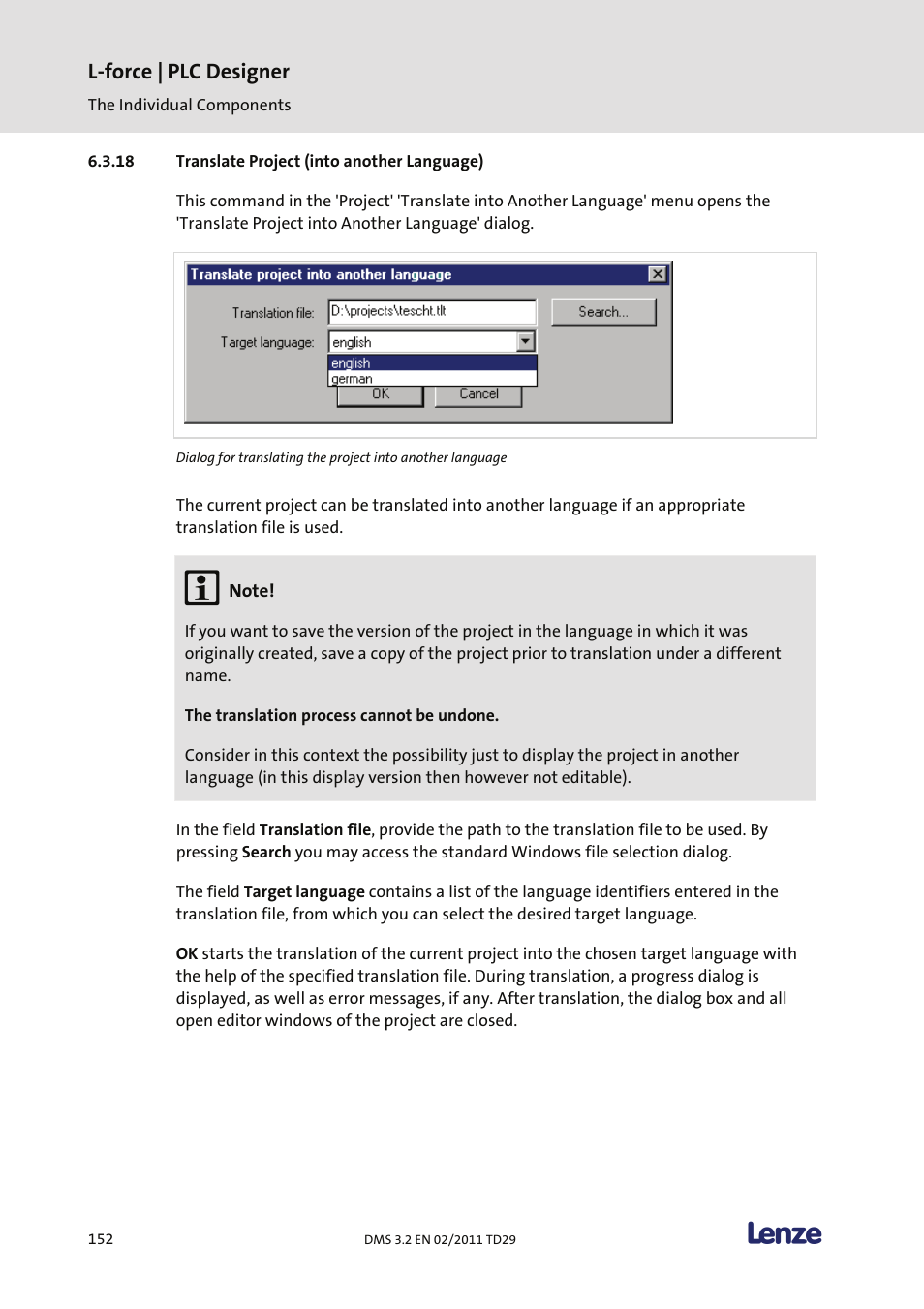 Translate project (into another language), L-force | plc designer | Lenze PLC Designer PLC Designer (R2-x) User Manual | Page 154 / 844