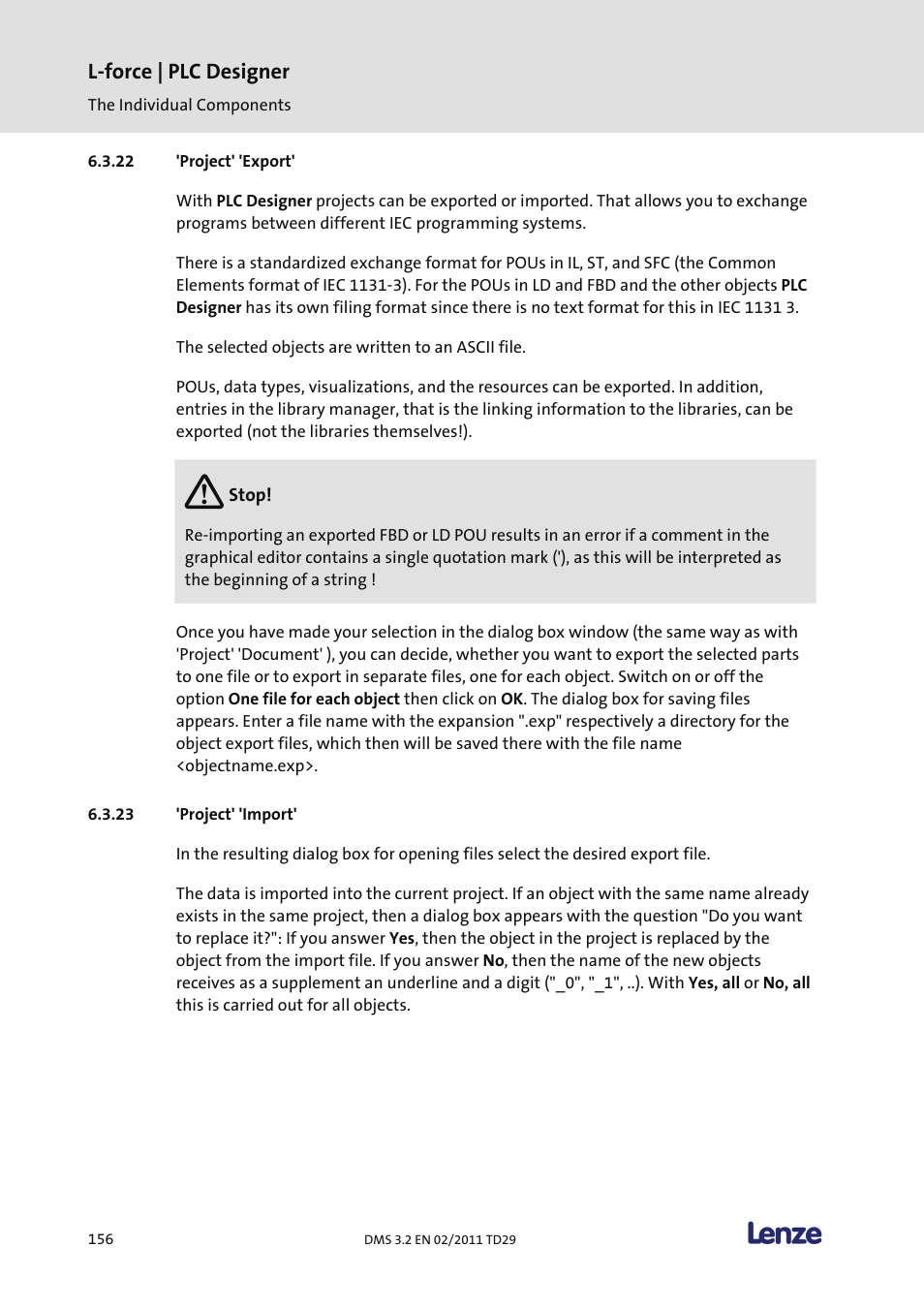 Project' 'export, Project' 'import, L-force | plc designer | Lenze PLC Designer PLC Designer (R2-x) User Manual | Page 158 / 844