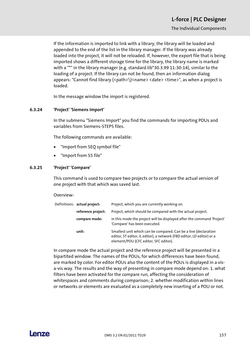 Project' 'siemens import, Project' 'compare, L-force | plc designer | Lenze PLC Designer PLC Designer (R2-x) User Manual | Page 159 / 844