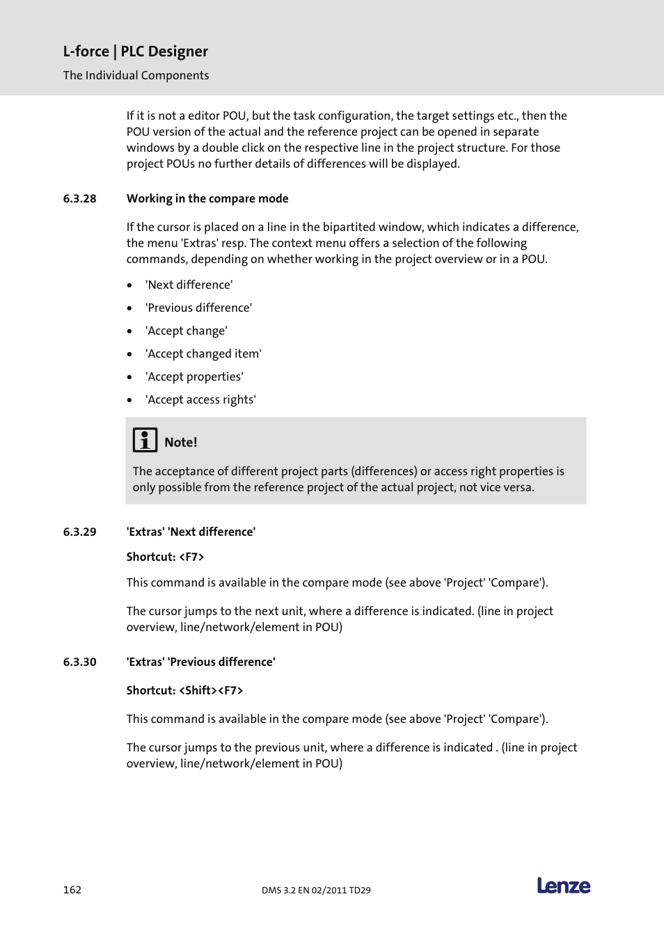 Working in the compare mode, Extras' 'next difference, Extras' 'previous difference | L-force | plc designer | Lenze PLC Designer PLC Designer (R2-x) User Manual | Page 164 / 844