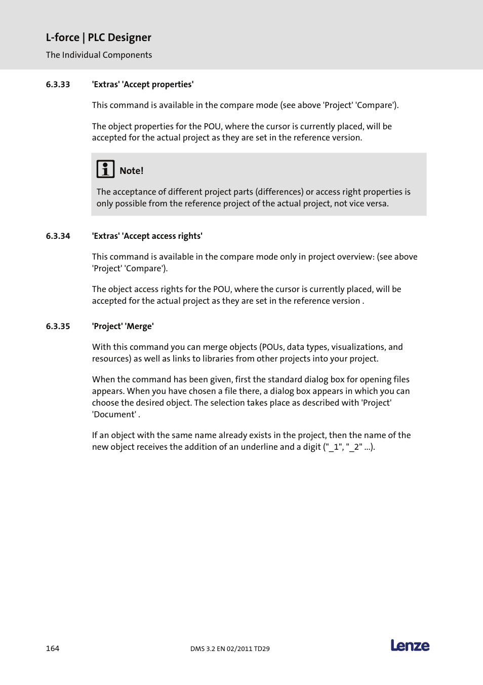 Extras' 'accept properties, Extras' 'accept access rights, Project' 'merge | L-force | plc designer | Lenze PLC Designer PLC Designer (R2-x) User Manual | Page 166 / 844