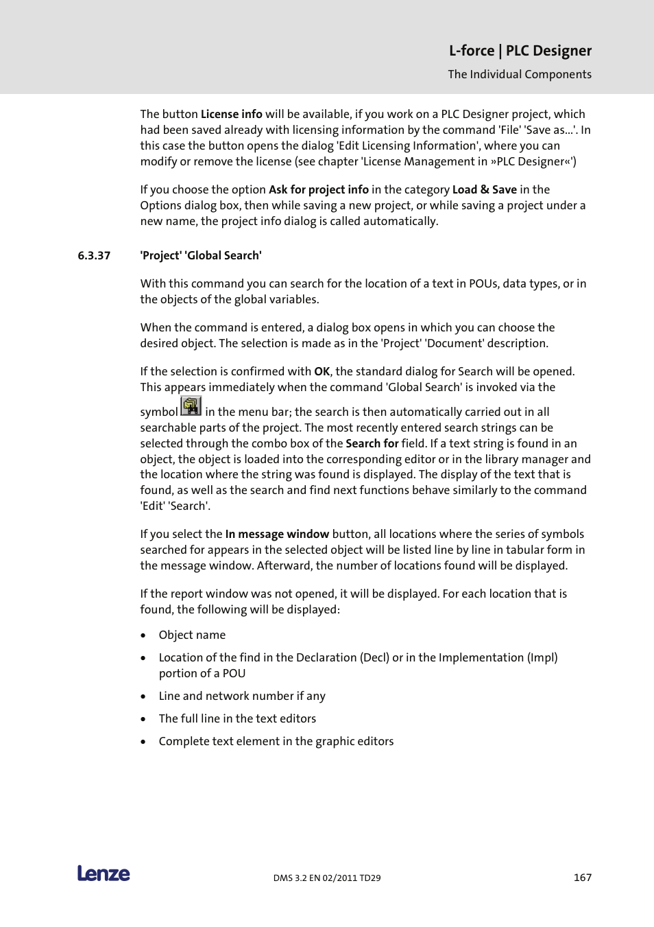 Project' 'global search, L-force | plc designer | Lenze PLC Designer PLC Designer (R2-x) User Manual | Page 169 / 844