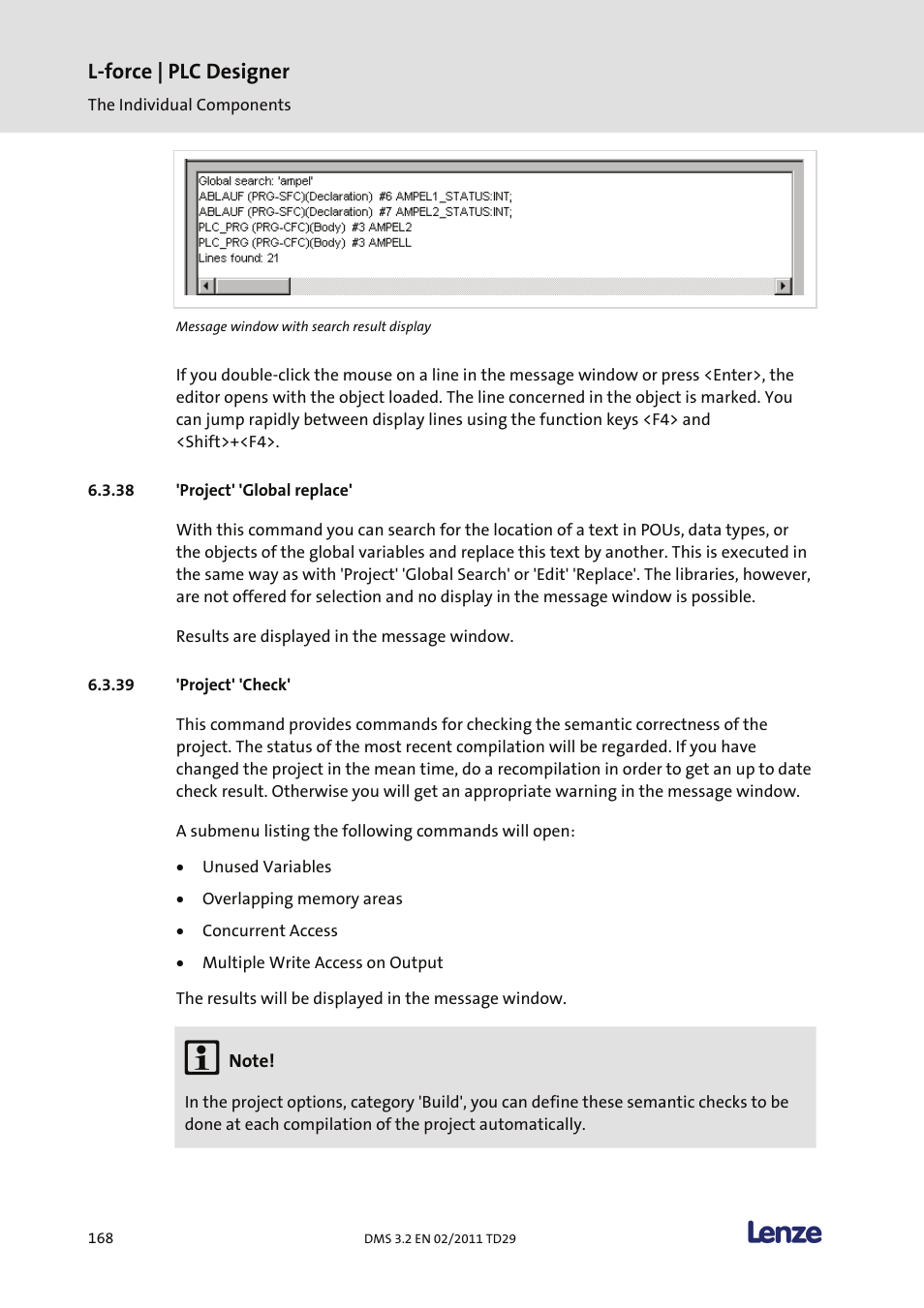 Project' 'global replace, Project' 'check, L-force | plc designer | Lenze PLC Designer PLC Designer (R2-x) User Manual | Page 170 / 844
