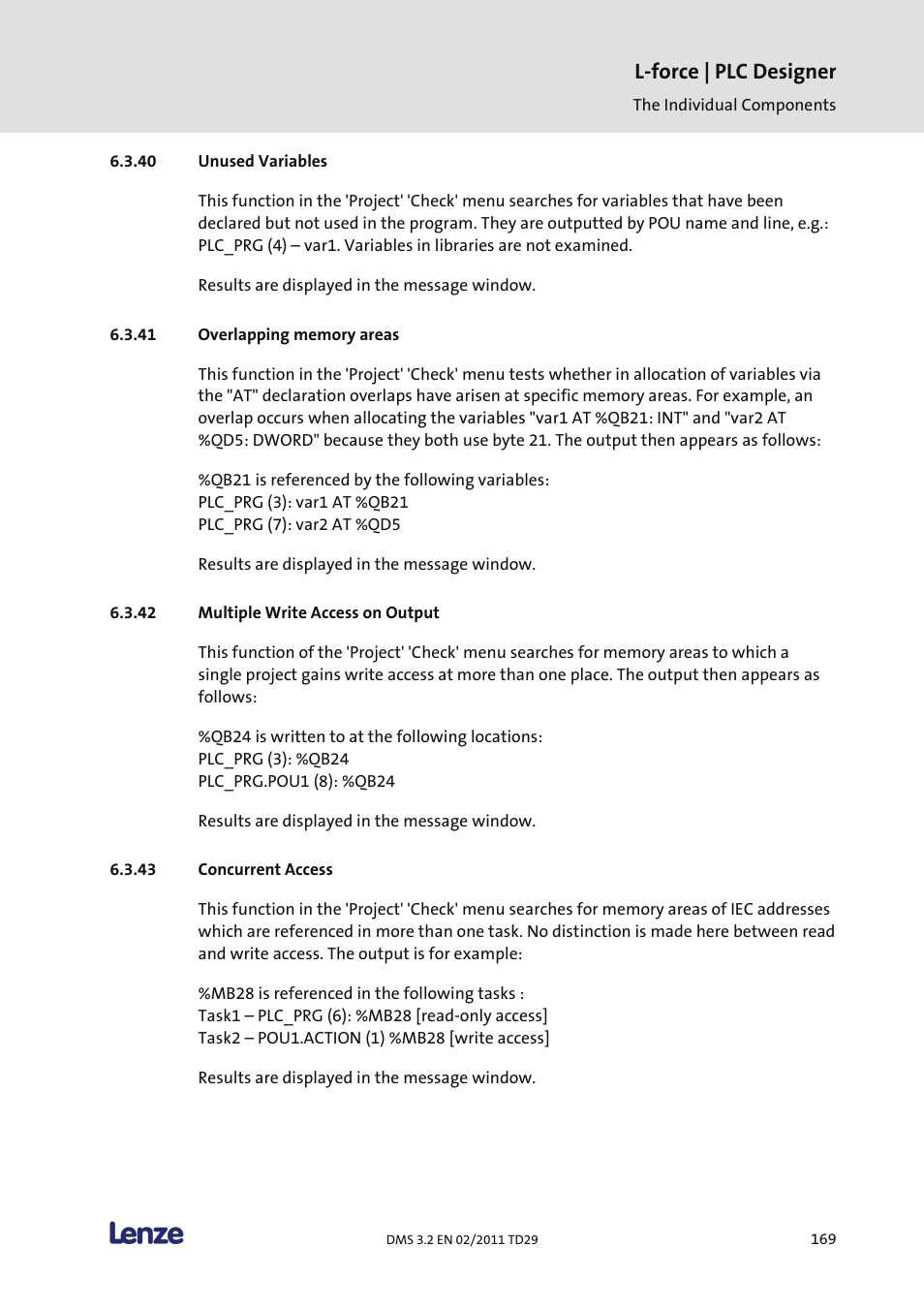 Unused variables, Overlapping memory areas, Multiple write access on output | Concurrent access, L-force | plc designer | Lenze PLC Designer PLC Designer (R2-x) User Manual | Page 171 / 844
