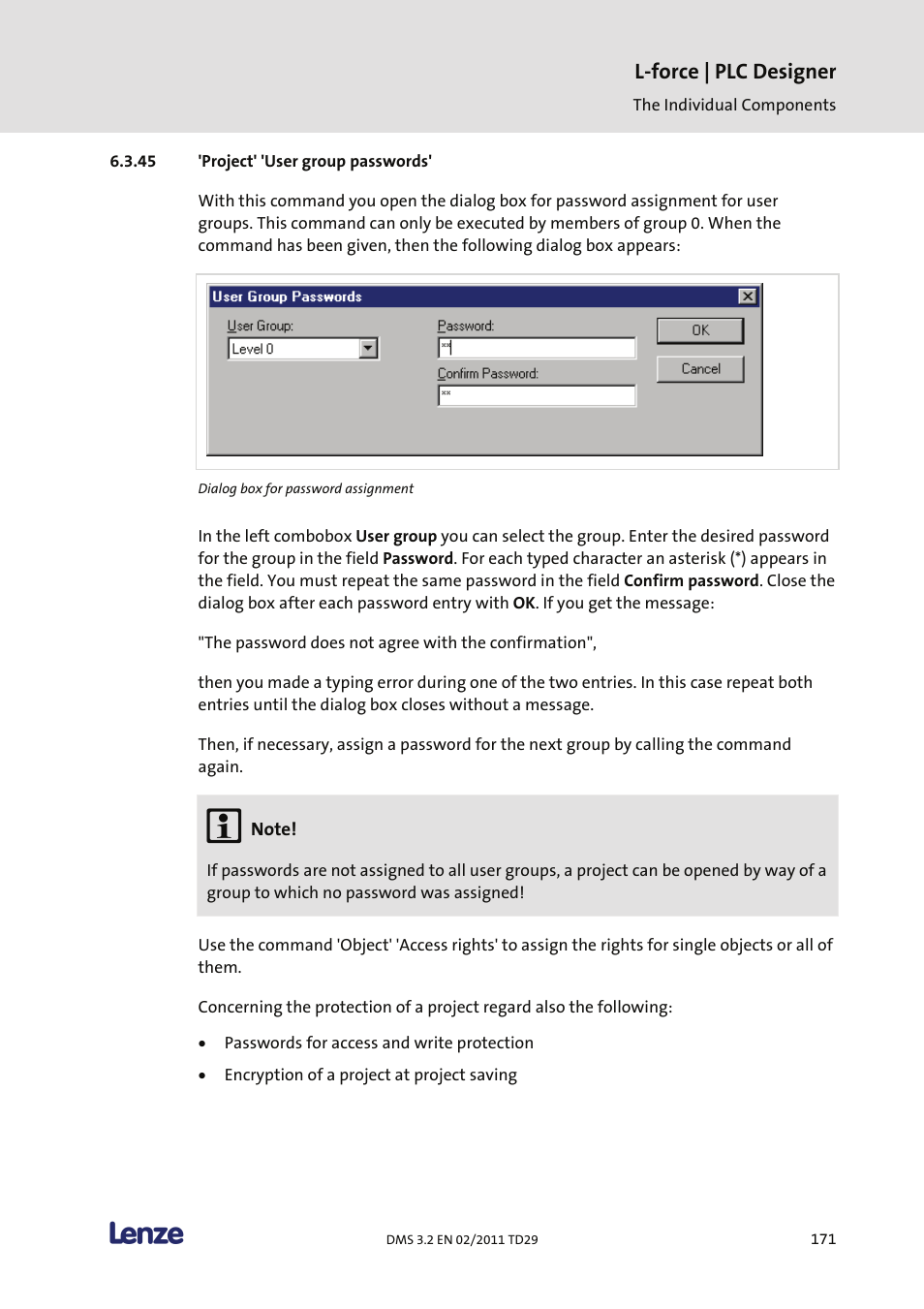 Project' 'user group passwords, L-force | plc designer | Lenze PLC Designer PLC Designer (R2-x) User Manual | Page 173 / 844