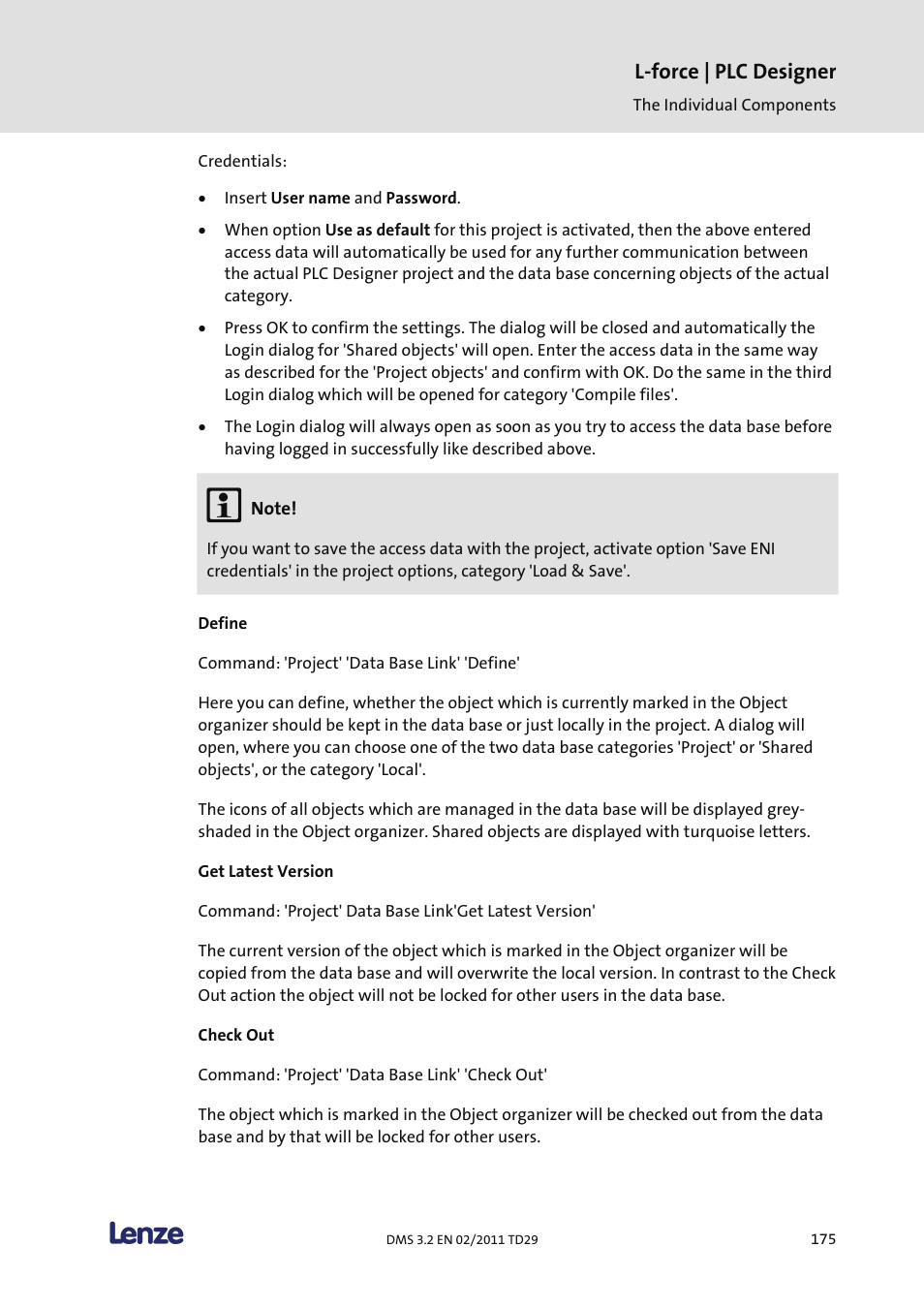 Define, Get latest version, Check out | L-force | plc designer | Lenze PLC Designer PLC Designer (R2-x) User Manual | Page 177 / 844