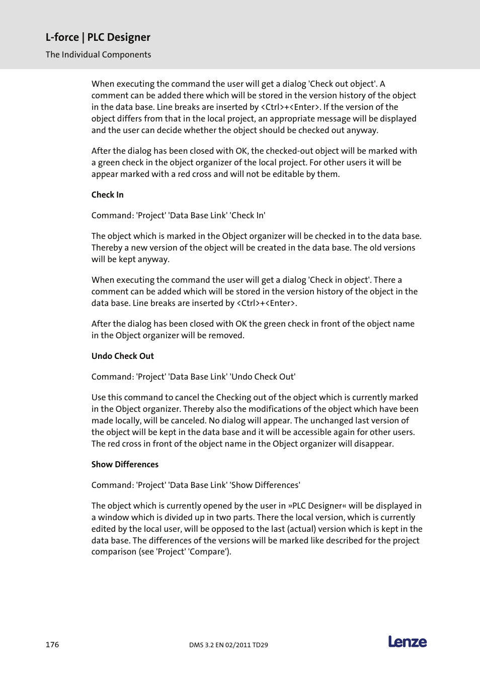Check in, Undo check out, Show differences | L-force | plc designer | Lenze PLC Designer PLC Designer (R2-x) User Manual | Page 178 / 844