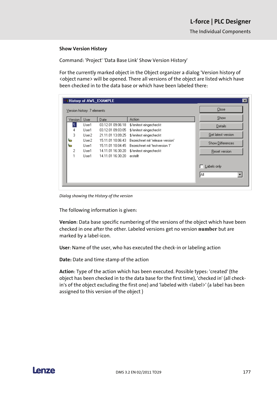 Show version history, L-force | plc designer | Lenze PLC Designer PLC Designer (R2-x) User Manual | Page 179 / 844
