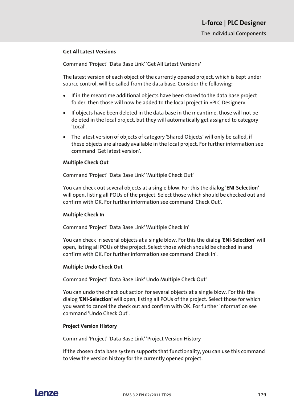 Get all latest versions, Multiple check out, Multiple check in | Multiple undo check out, Project version history, L-force | plc designer | Lenze PLC Designer PLC Designer (R2-x) User Manual | Page 181 / 844