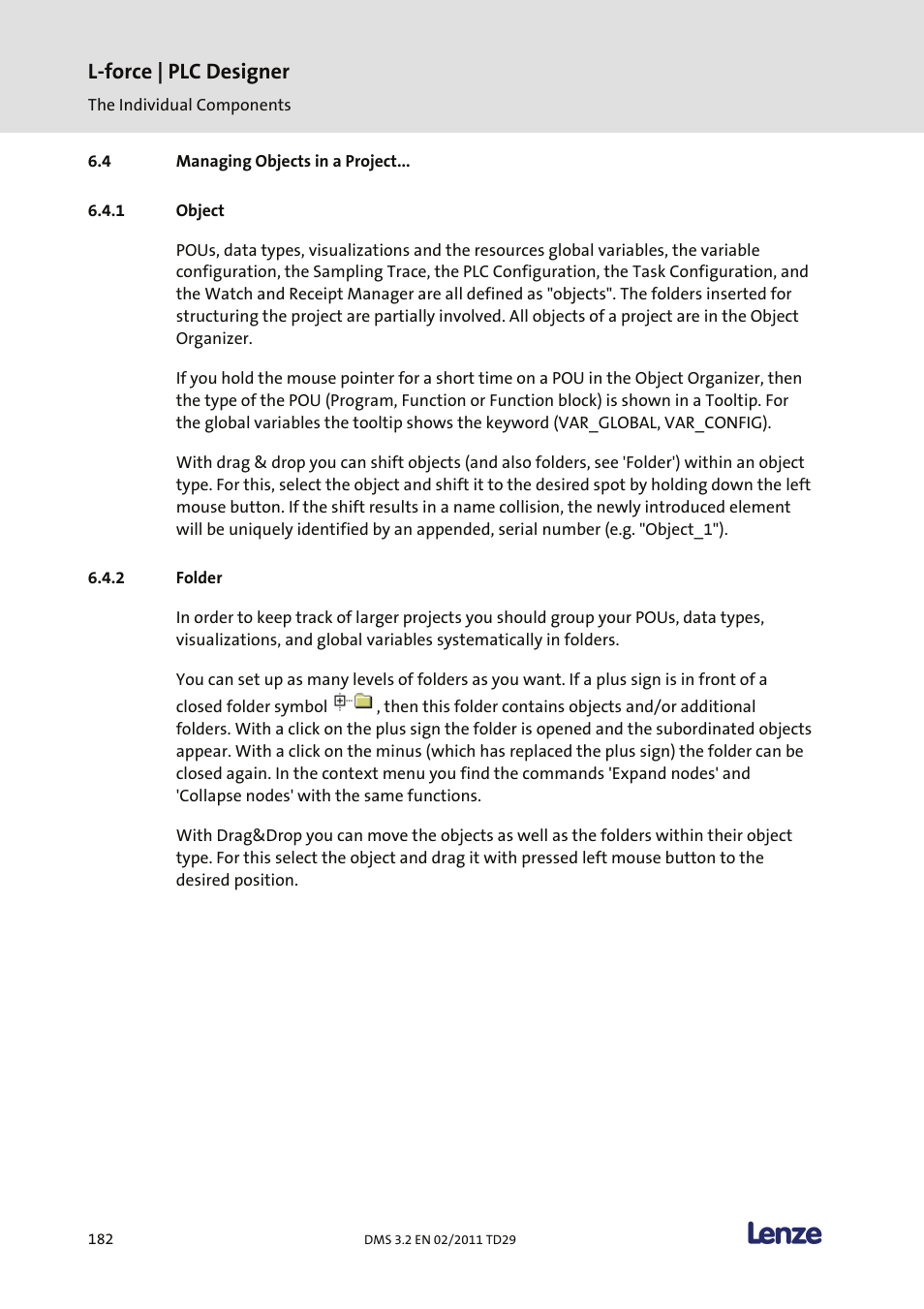 Managing objects in a project, Object, Folder | L-force | plc designer | Lenze PLC Designer PLC Designer (R2-x) User Manual | Page 184 / 844