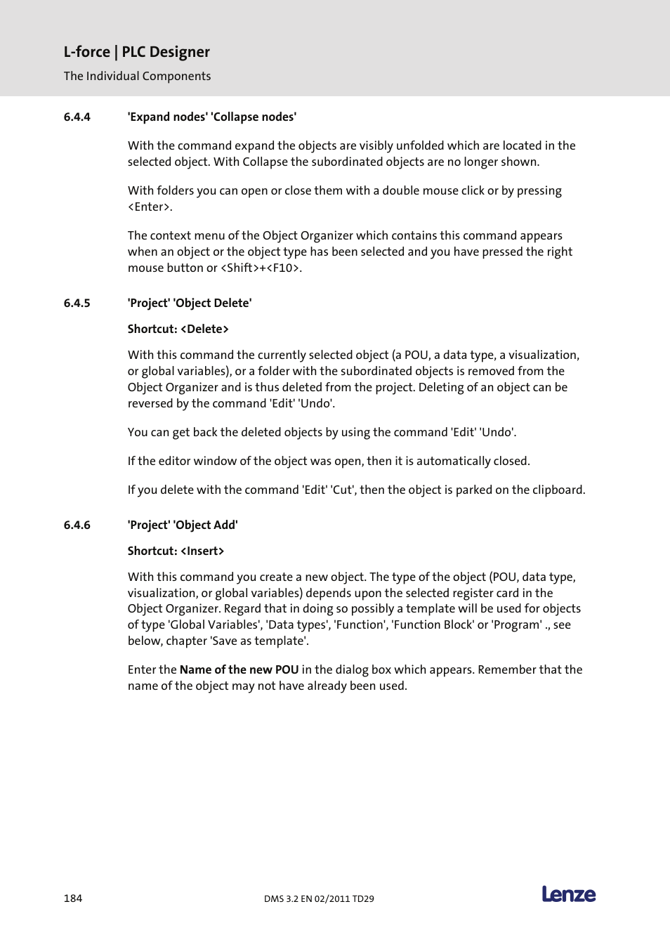 Expand nodes' 'collapse nodes, Project' 'object delete, Project' 'object add | L-force | plc designer | Lenze PLC Designer PLC Designer (R2-x) User Manual | Page 186 / 844