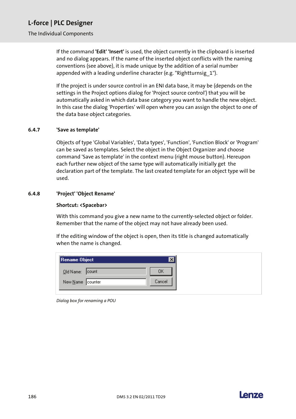 Save as template, Project' 'object rename, L-force | plc designer | Lenze PLC Designer PLC Designer (R2-x) User Manual | Page 188 / 844