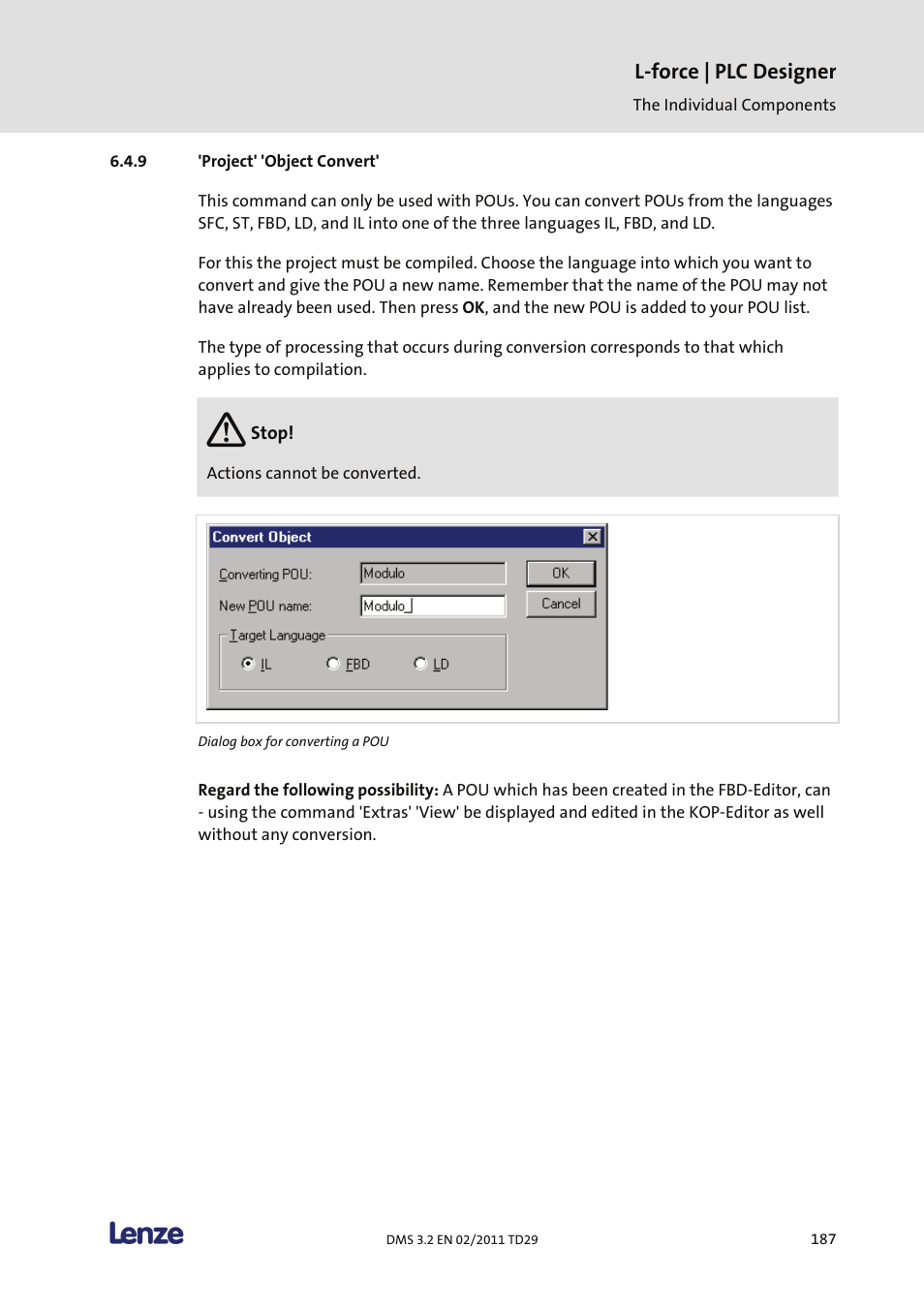 Project' 'object convert, L-force | plc designer | Lenze PLC Designer PLC Designer (R2-x) User Manual | Page 189 / 844