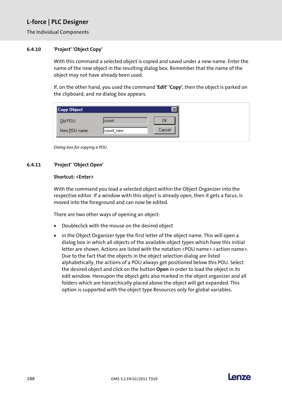 Project' 'object copy, Project' 'object open, L-force | plc designer | Lenze PLC Designer PLC Designer (R2-x) User Manual | Page 190 / 844