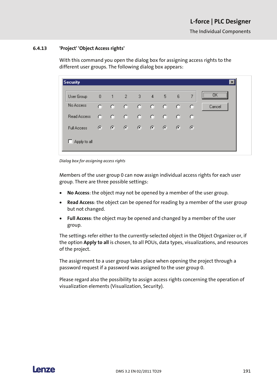 Project' 'object access rights, L-force | plc designer | Lenze PLC Designer PLC Designer (R2-x) User Manual | Page 193 / 844