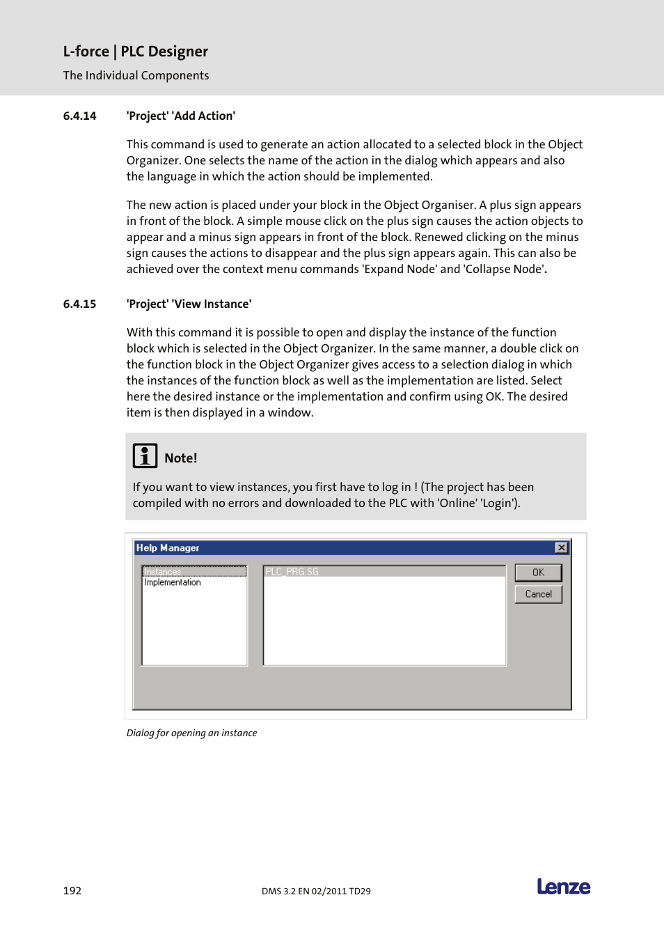 Project' 'add action, Project' 'view instance, L-force | plc designer | Lenze PLC Designer PLC Designer (R2-x) User Manual | Page 194 / 844