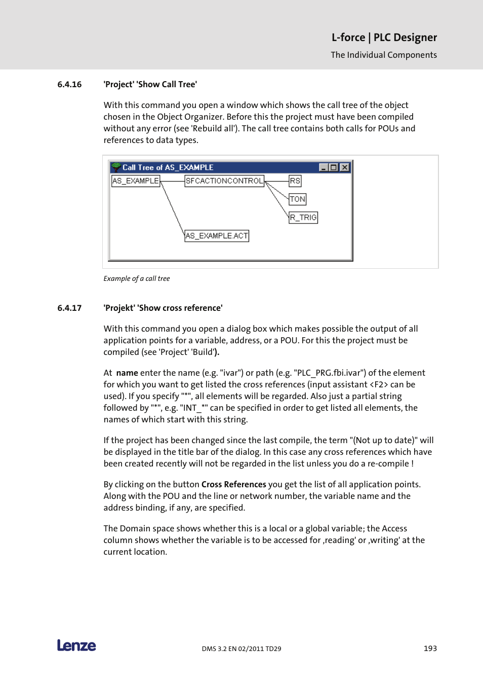 Project' 'show call tree, Projekt' 'show cross reference, L-force | plc designer | Lenze PLC Designer PLC Designer (R2-x) User Manual | Page 195 / 844