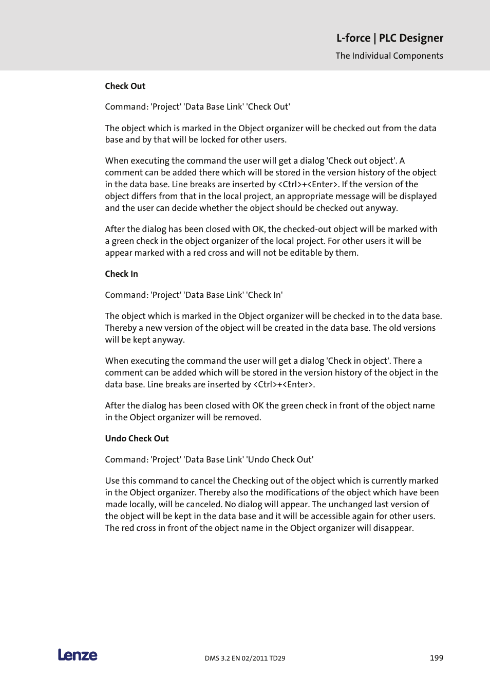 Check out, Check in, Undo check out | L-force | plc designer | Lenze PLC Designer PLC Designer (R2-x) User Manual | Page 201 / 844