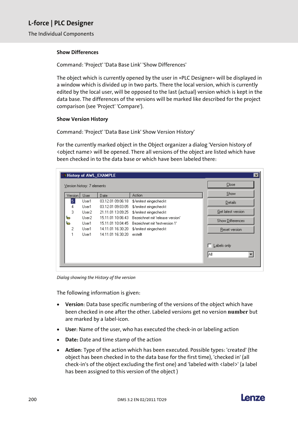 Show differences, Show version history, L-force | plc designer | Lenze PLC Designer PLC Designer (R2-x) User Manual | Page 202 / 844