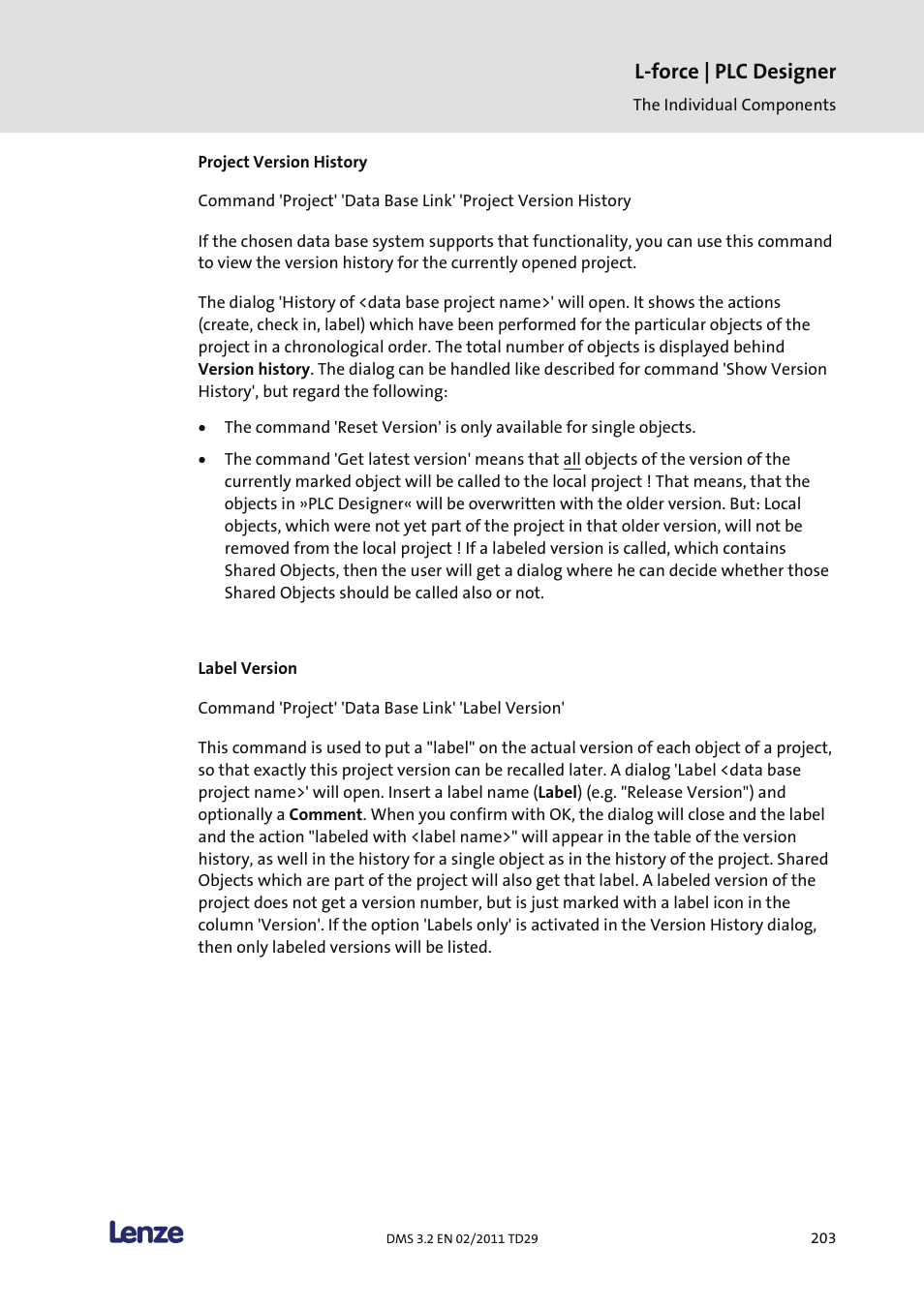 Project version history, Label version, L-force | plc designer | Lenze PLC Designer PLC Designer (R2-x) User Manual | Page 205 / 844