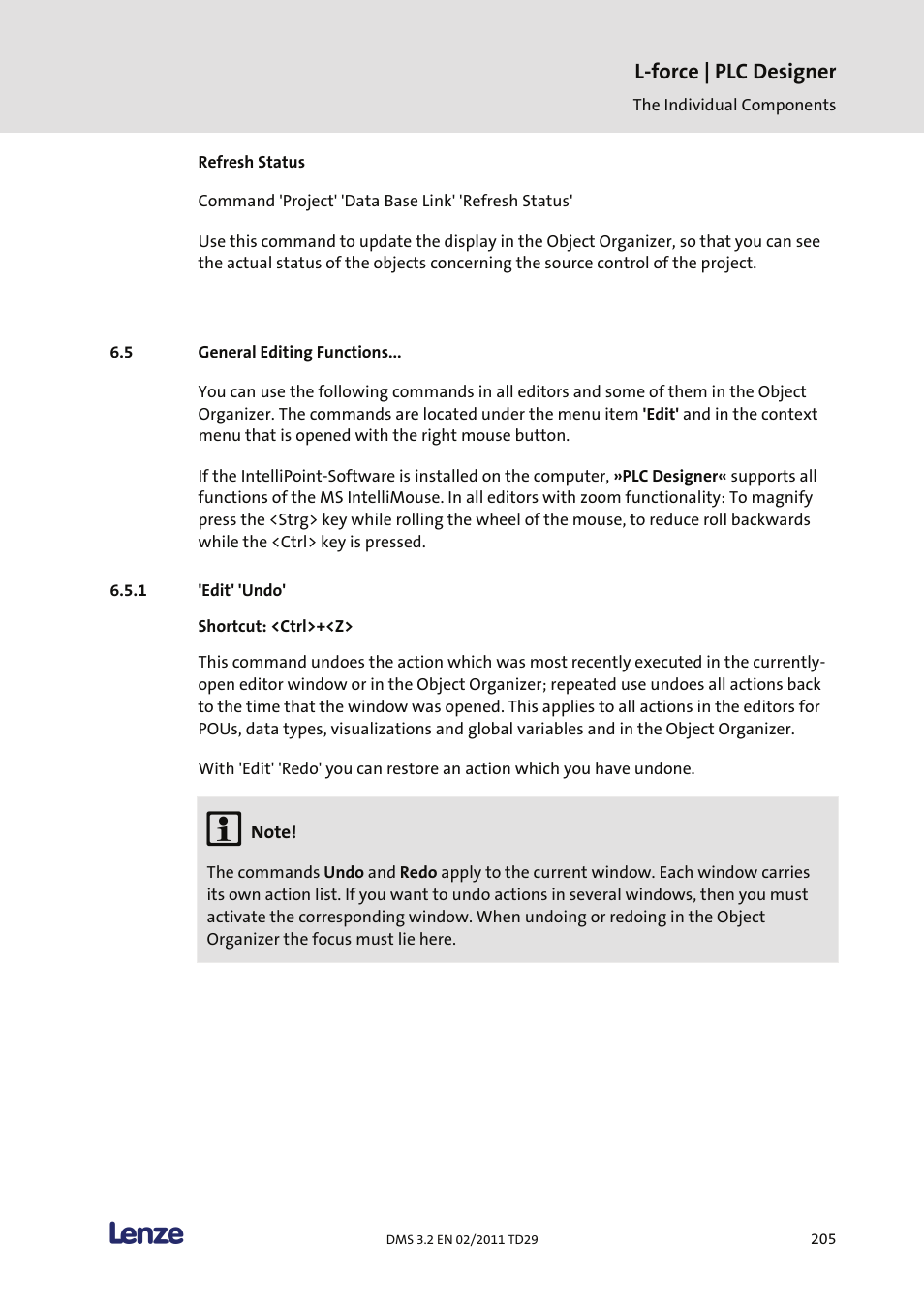 Refresh status, General editing functions, Edit' 'undo | L-force | plc designer | Lenze PLC Designer PLC Designer (R2-x) User Manual | Page 207 / 844