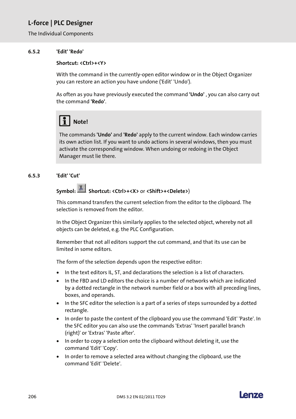 Edit' 'redo, Edit' 'cut, L-force | plc designer | Lenze PLC Designer PLC Designer (R2-x) User Manual | Page 208 / 844