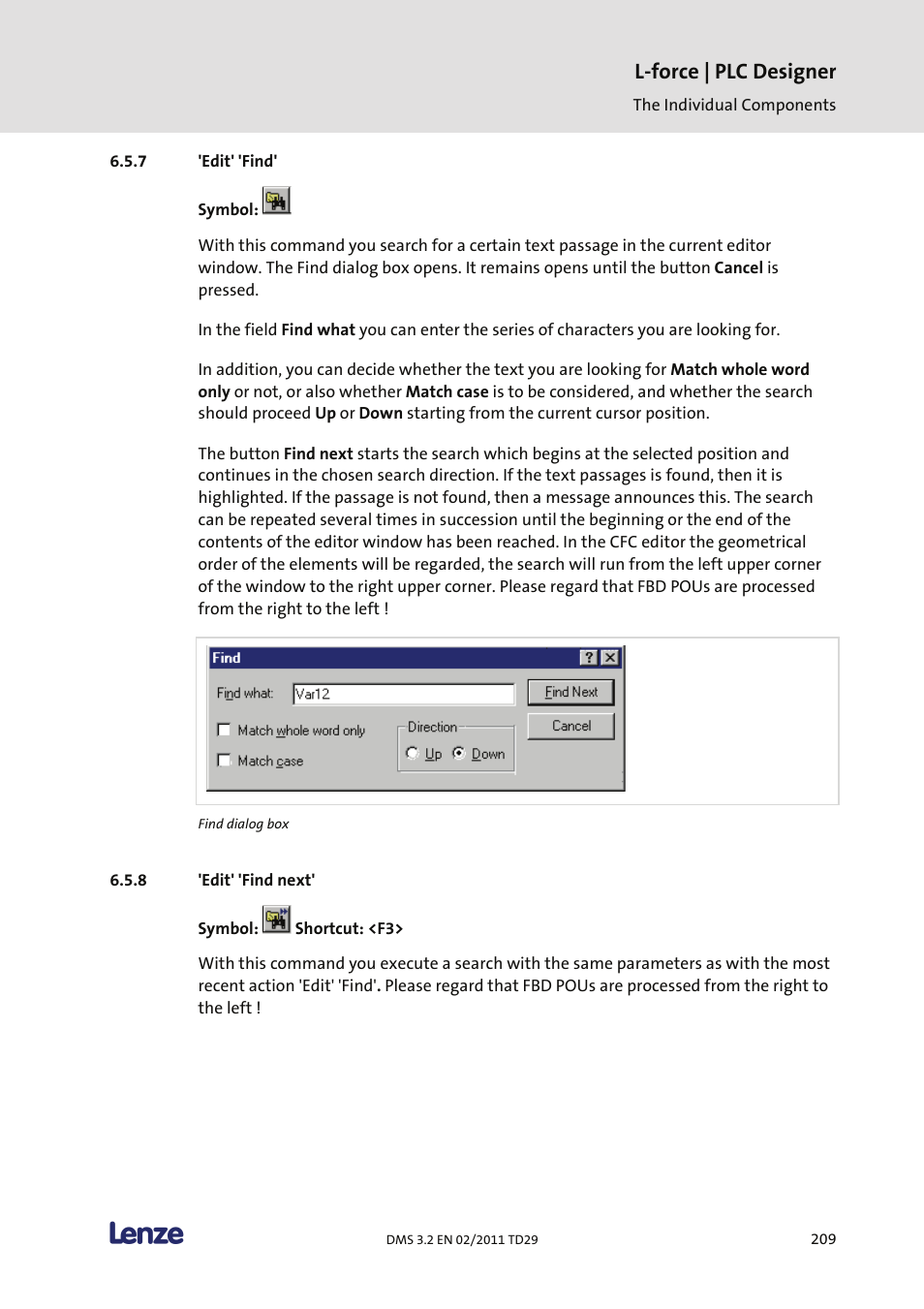 Edit' 'find, Edit' 'find next, L-force | plc designer | Lenze PLC Designer PLC Designer (R2-x) User Manual | Page 211 / 844