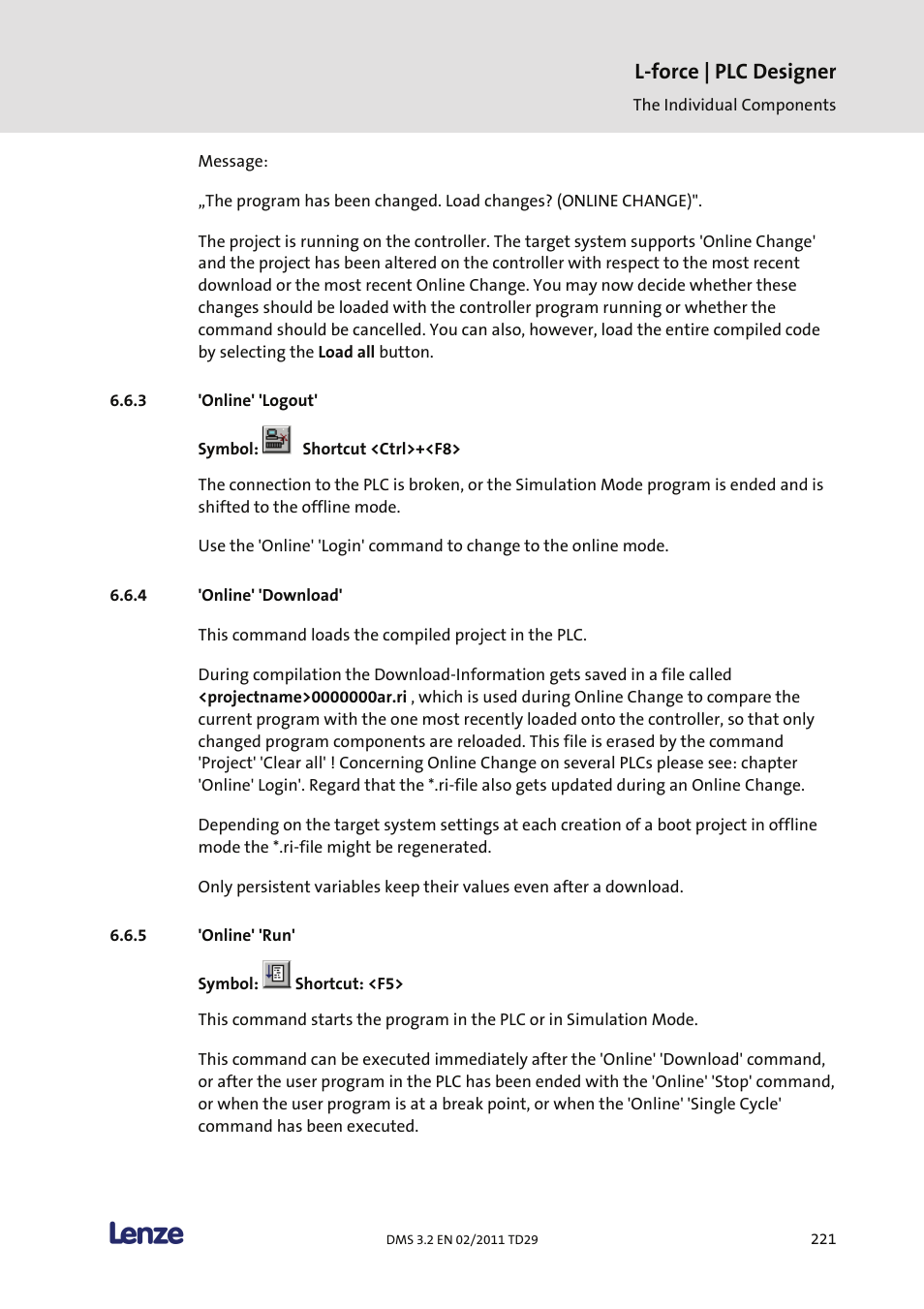 Online' 'logout, Online' 'download, Online' 'run | L-force | plc designer | Lenze PLC Designer PLC Designer (R2-x) User Manual | Page 223 / 844