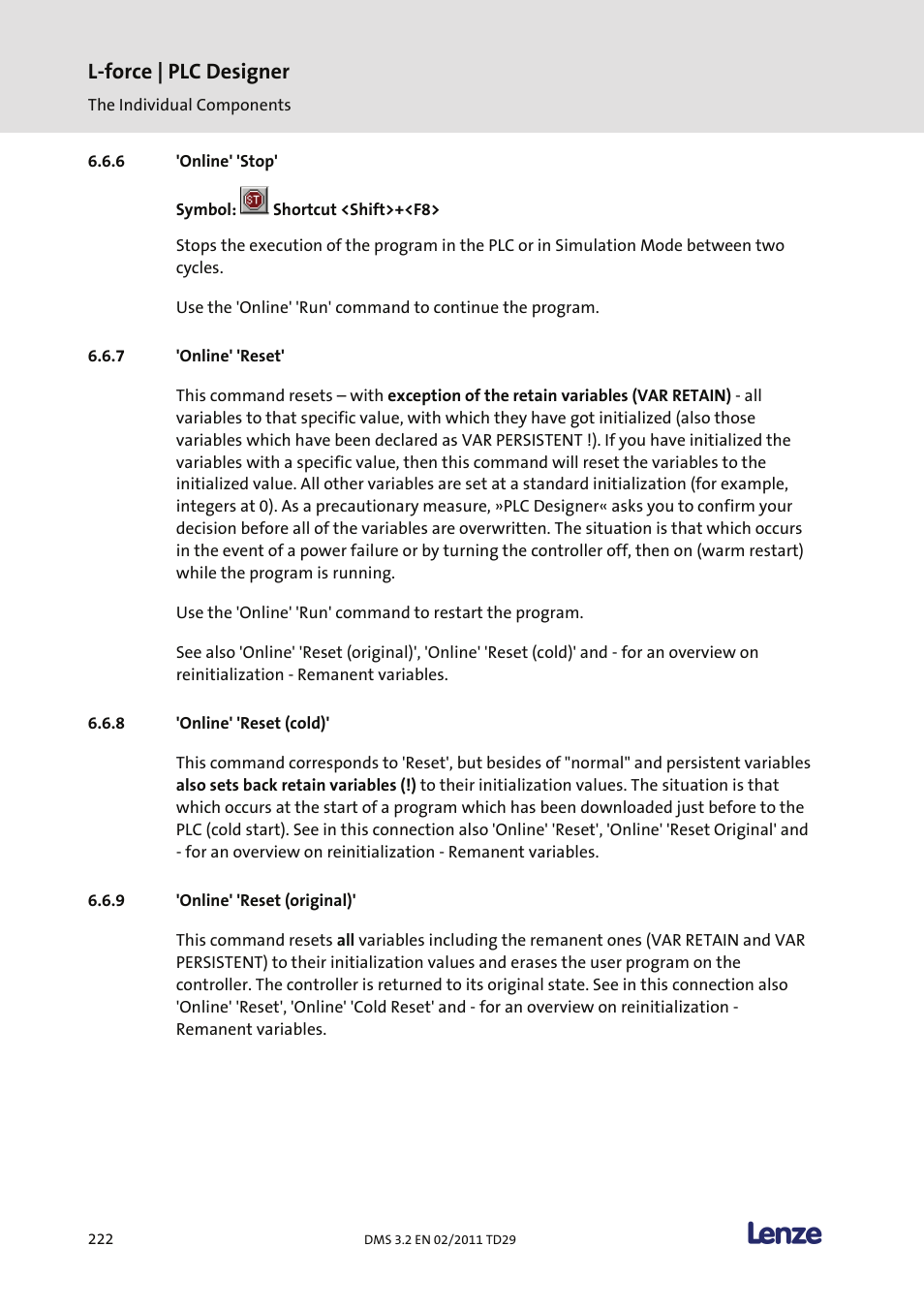 Online' 'stop, Online' 'reset, Online' 'reset (cold) | Online' 'reset (original), L-force | plc designer | Lenze PLC Designer PLC Designer (R2-x) User Manual | Page 224 / 844