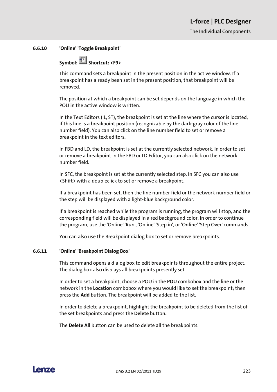 Online' 'toggle breakpoint, Online' 'breakpoint dialog box, L-force | plc designer | Lenze PLC Designer PLC Designer (R2-x) User Manual | Page 225 / 844
