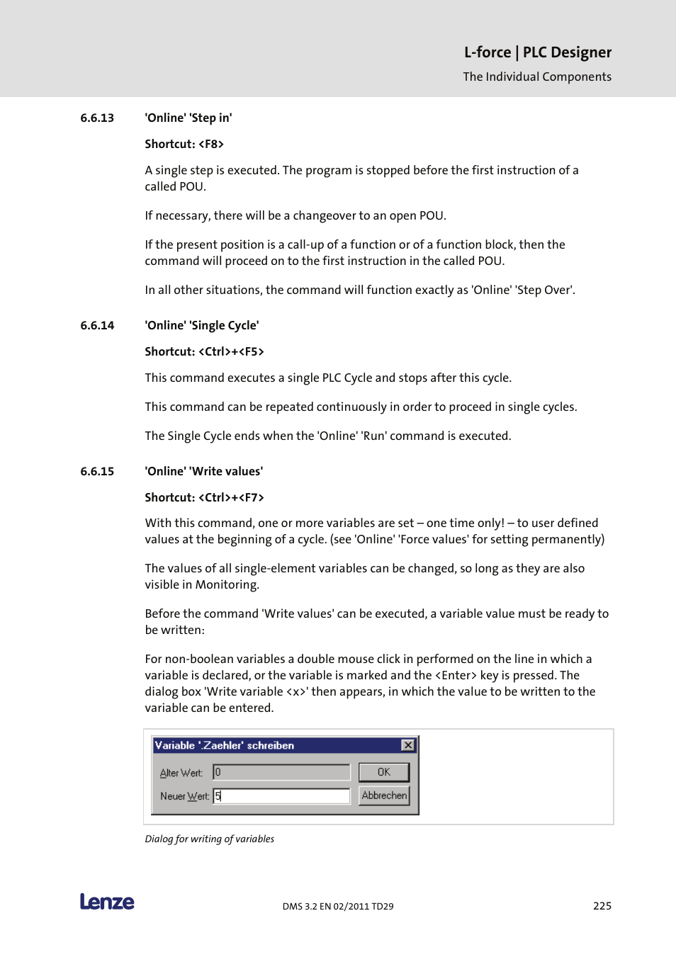 Online' 'step in, Online' 'single cycle, Online' 'write values | L-force | plc designer | Lenze PLC Designer PLC Designer (R2-x) User Manual | Page 227 / 844