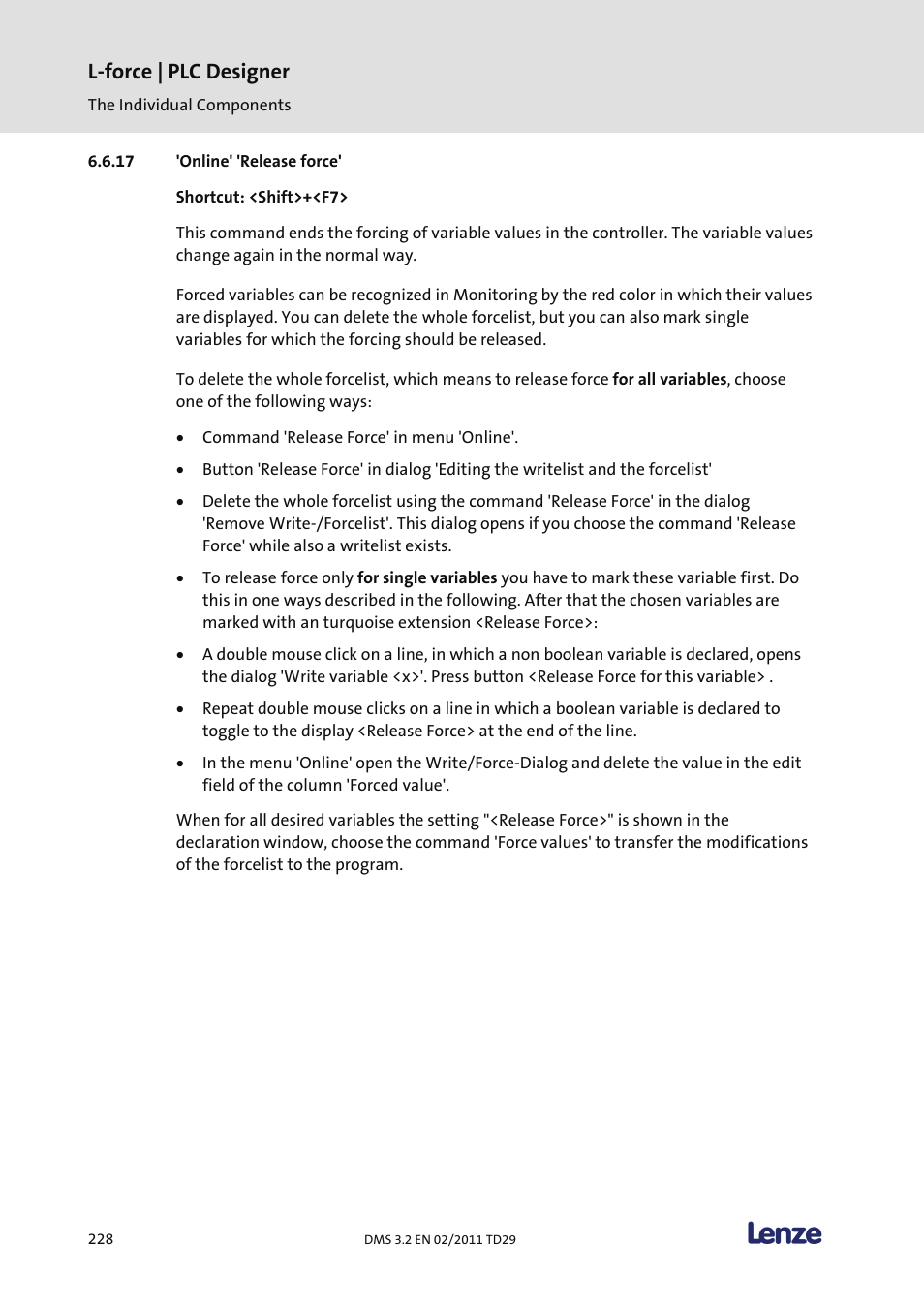 Online' 'release force, L-force | plc designer | Lenze PLC Designer PLC Designer (R2-x) User Manual | Page 230 / 844