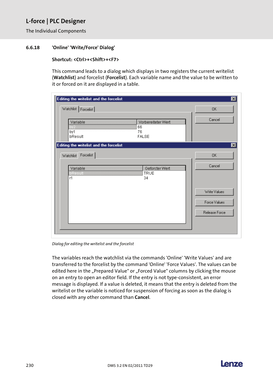Online' 'write/force' dialog, L-force | plc designer | Lenze PLC Designer PLC Designer (R2-x) User Manual | Page 232 / 844