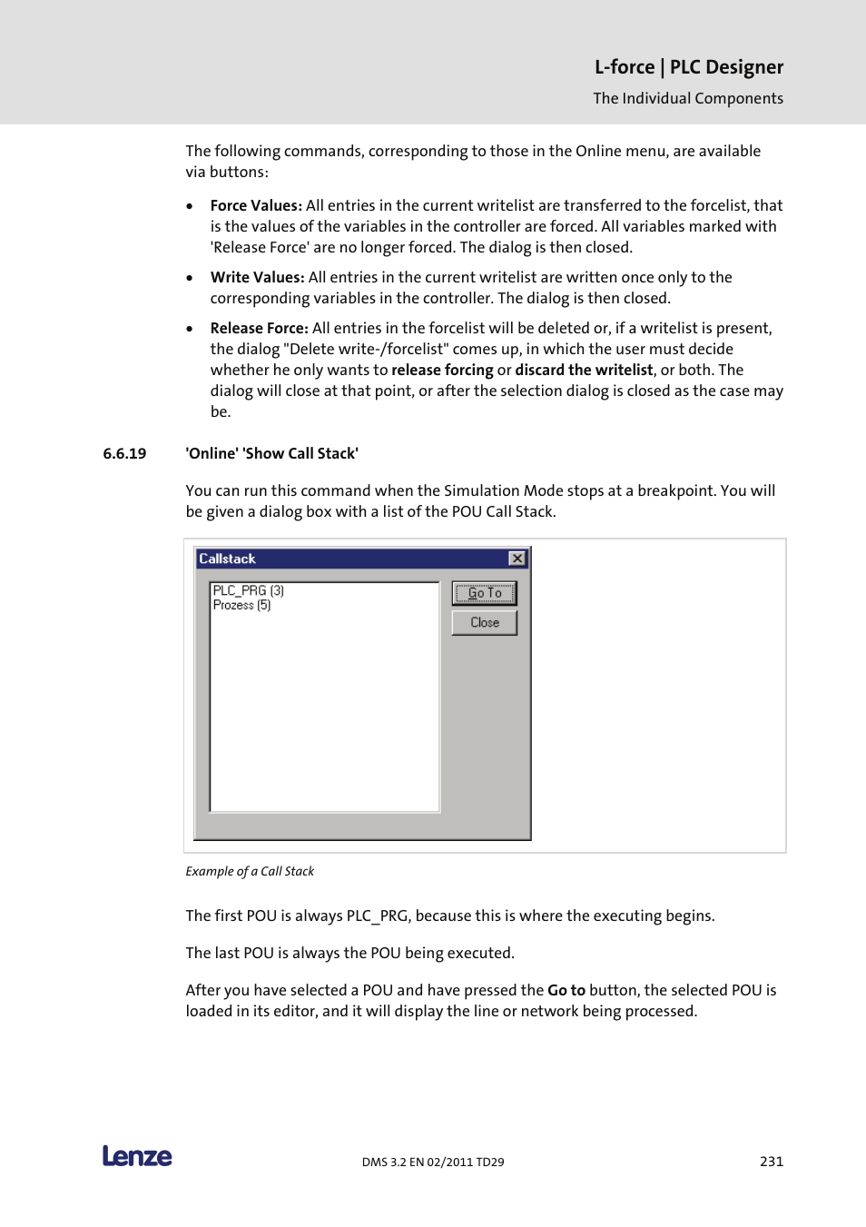 Online' 'show call stack, L-force | plc designer | Lenze PLC Designer PLC Designer (R2-x) User Manual | Page 233 / 844