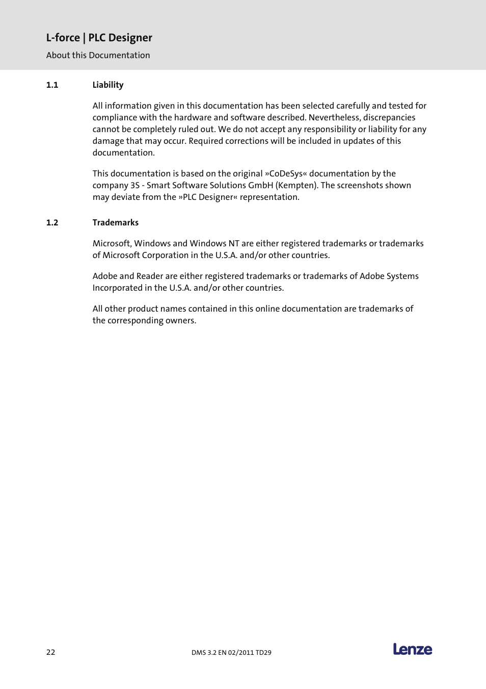 Liability, Trademarks, L-force | plc designer | Lenze PLC Designer PLC Designer (R2-x) User Manual | Page 24 / 844