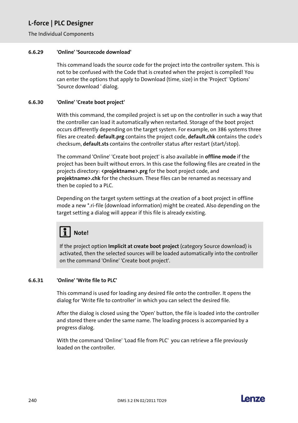 Online' 'sourcecode download, Online' 'create boot project, Online' 'write file to plc | L-force | plc designer | Lenze PLC Designer PLC Designer (R2-x) User Manual | Page 242 / 844